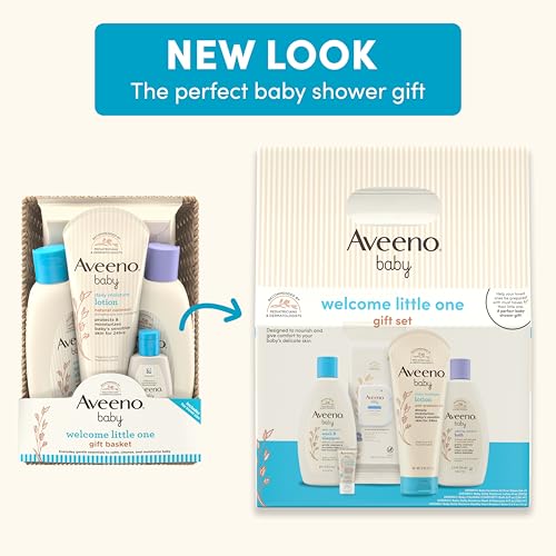 Aveeno Baby Welcome Little One Gift Set, Skincare Set with Nourishing Body Wash & Shampoo, Calming Bath Wash, All Over Wipes, Daily Moisturizing Lotion, & Balm, 5 Items