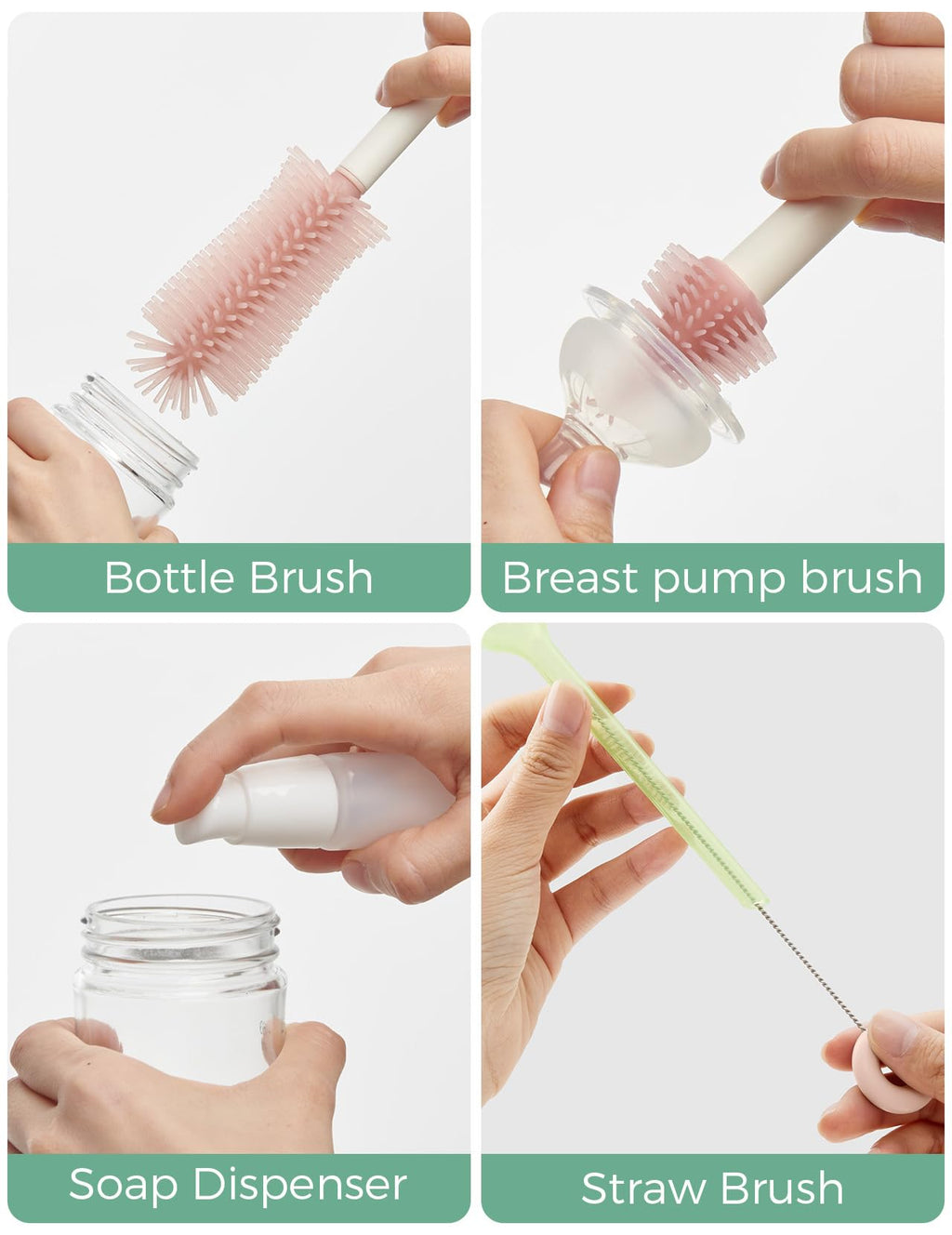 Momcozy Bottle Brush Kit with Push-Press Foam Design - Newborn Essentials Gift, Portable Cleaning Tool for Home & Travel, Baby Bottle Cleaner Brush for Breast Pumps & Nipples, Green
