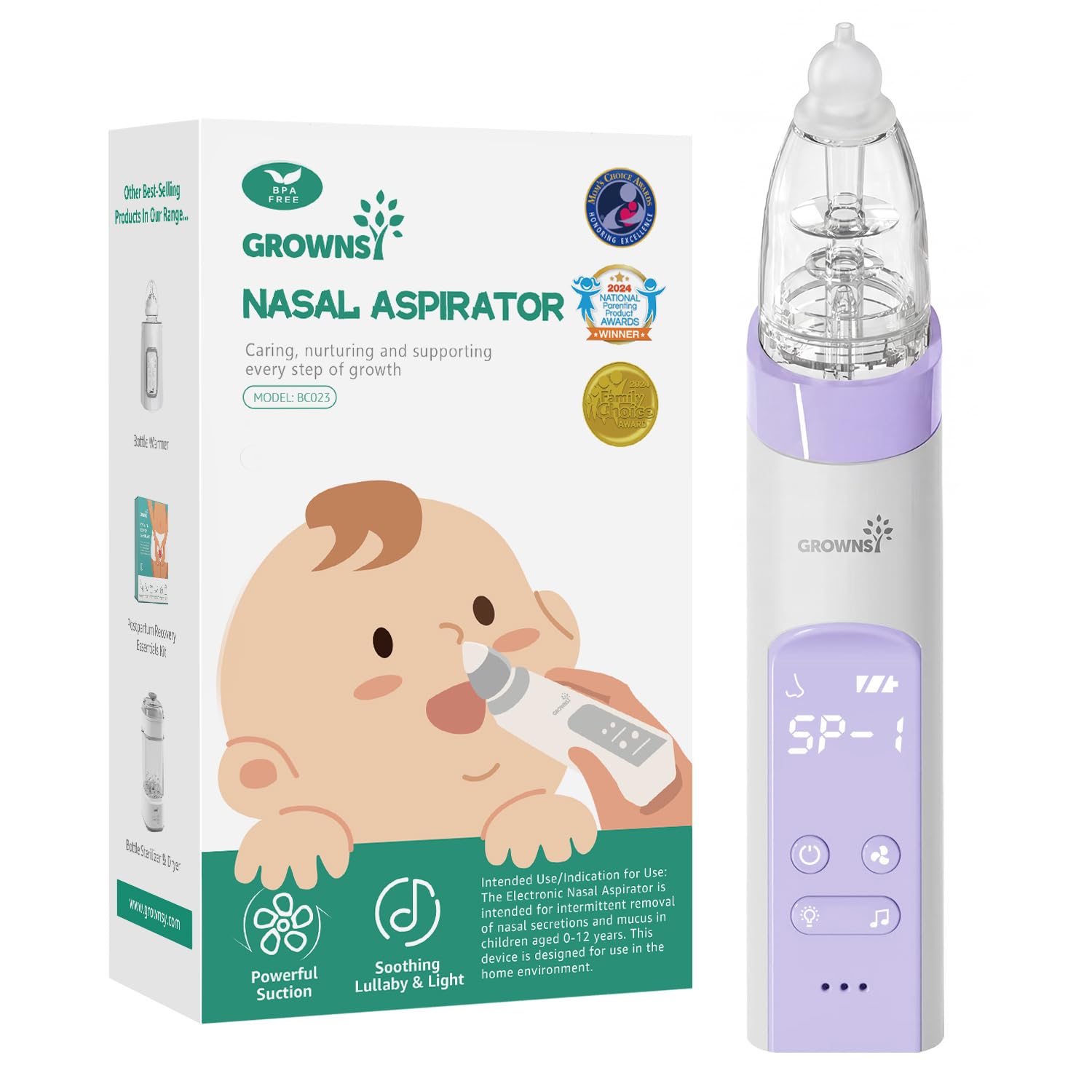 GROWNSY Nasal Aspirator for Baby, Electric Baby Nose Sucker with Larger Suction Chamber and More Powerful Suction, Automatic Nose Cleaner with Music and Light Soothing Function