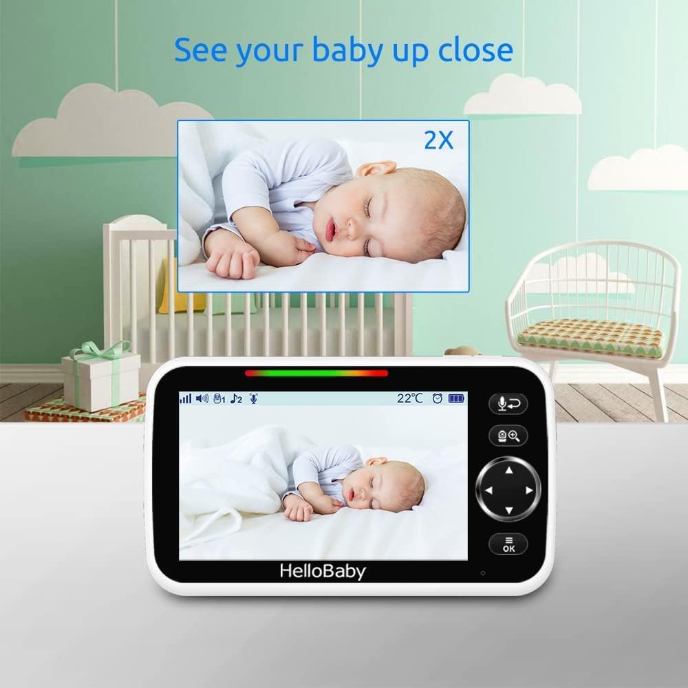 HelloBaby No WiFi Baby Monitor 5" Screen 30-Hour Battery Pan-Tilt-Zoom Video Upgrade with Camera and Audio, Night Vision, VOX, 2-Way Talk, 8 Lullabies and 1000ft Range, HB6550