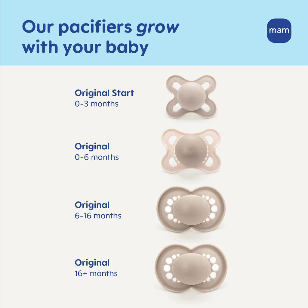 MAM Original Baby Pacifiers 0-6 Months, Binky for Newborn Babies, BPA-Free Skin Soft Silicone Nipple, Glows in The Dark, Developed with Medical Experts, 4 Pack, Made in Europe