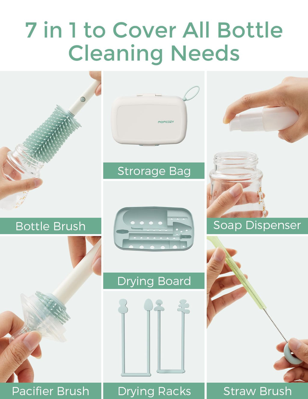 Momcozy Bottle Brush Kit with Push-Press Foam Design - Newborn Essentials Gift, Portable Cleaning Tool for Home & Travel, Baby Bottle Cleaner Brush for Breast Pumps & Nipples, Green