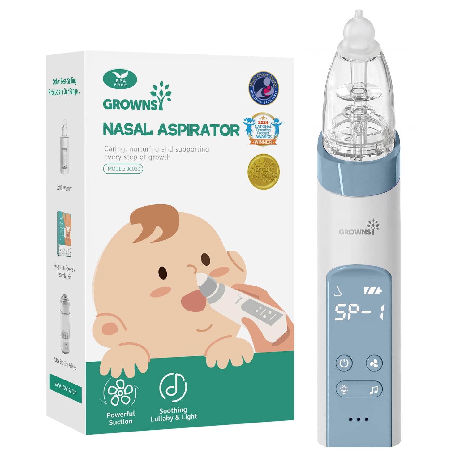 GROWNSY Nasal Aspirator for Baby, Electric Baby Nose Sucker with Larger Suction Chamber and More Powerful Suction, Automatic Nose Cleaner with Music and Light Soothing Function