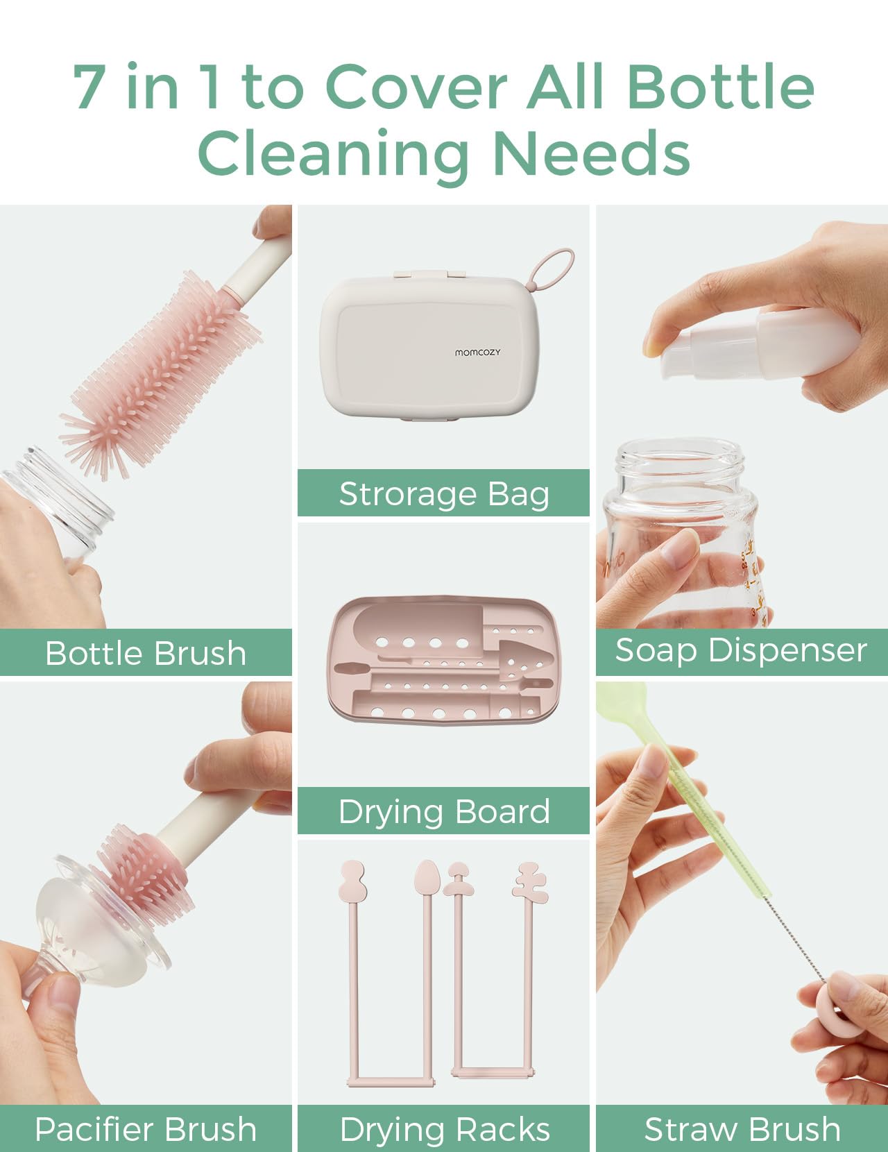 Momcozy Bottle Brush Kit with Push-Press Foam Design - Newborn Essentials Gift, Portable Cleaning Tool for Home & Travel, Baby Bottle Cleaner Brush for Breast Pumps & Nipples, Green