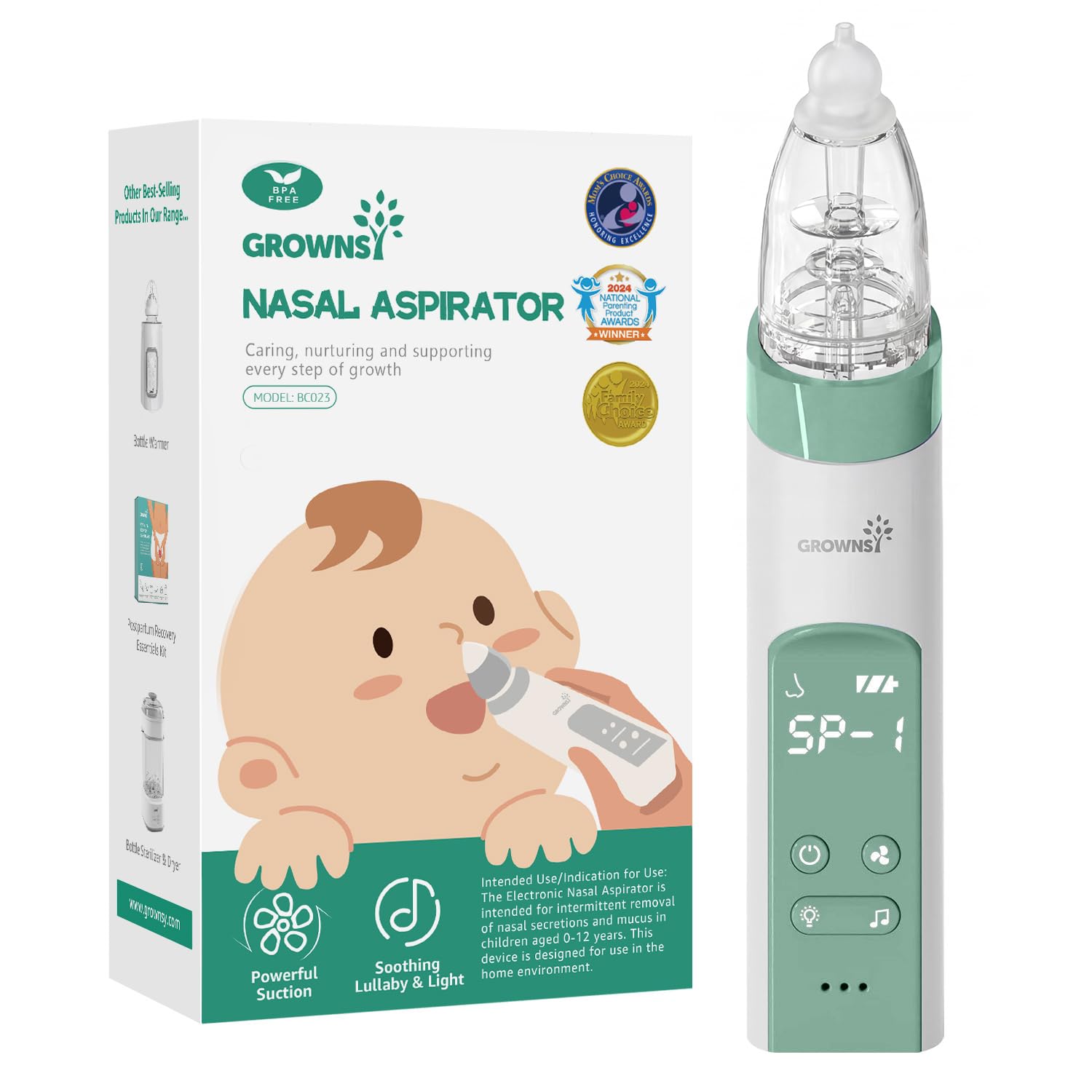 GROWNSY Nasal Aspirator for Baby, Electric Baby Nose Sucker with Larger Suction Chamber and More Powerful Suction, Automatic Nose Cleaner with Music and Light Soothing Function