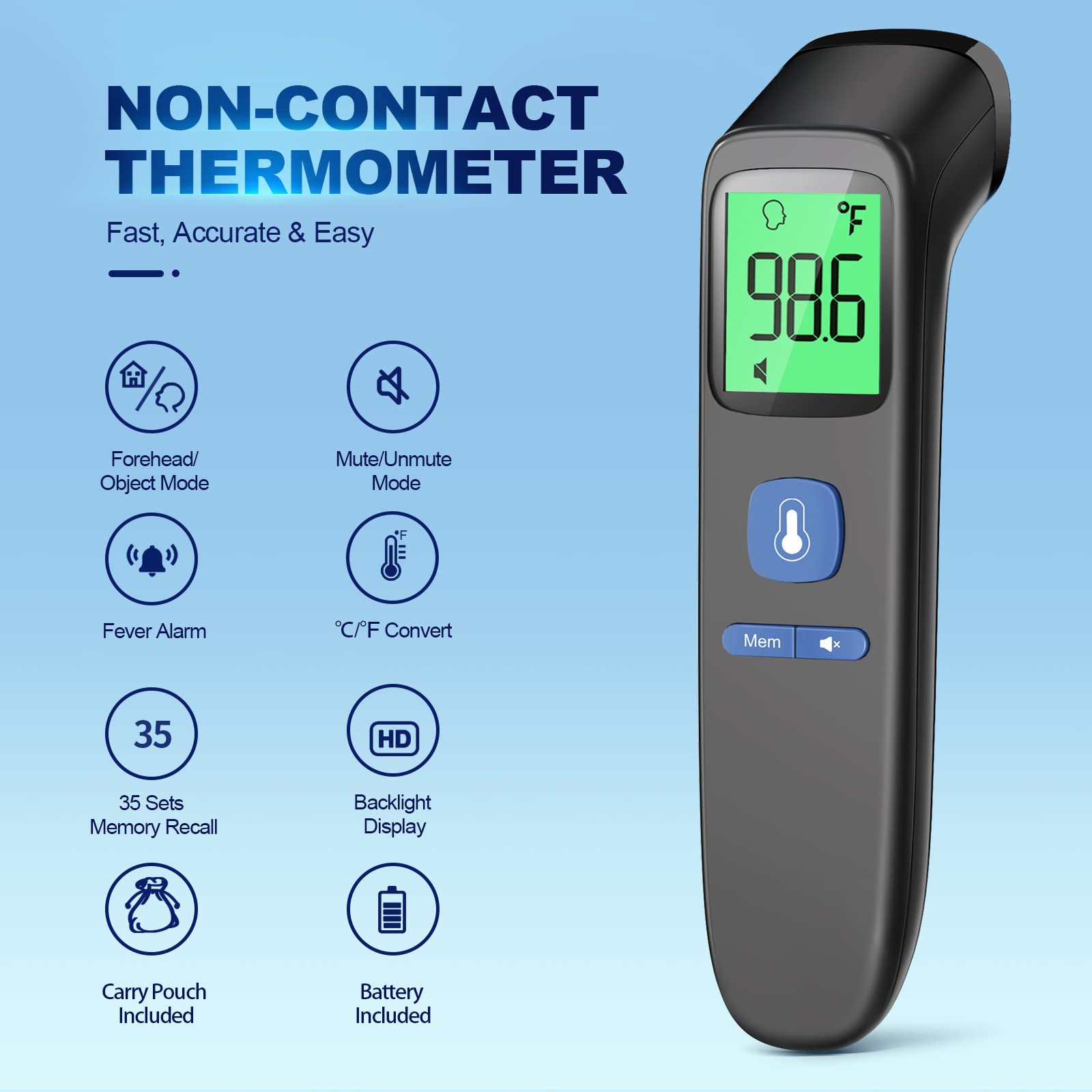 No-Touch Thermometer for Adults and Kids, Accurate Digital Baby Thermometer, Fever Alarm & Silent Mode, 2 in 1 Forehead & Object Mode