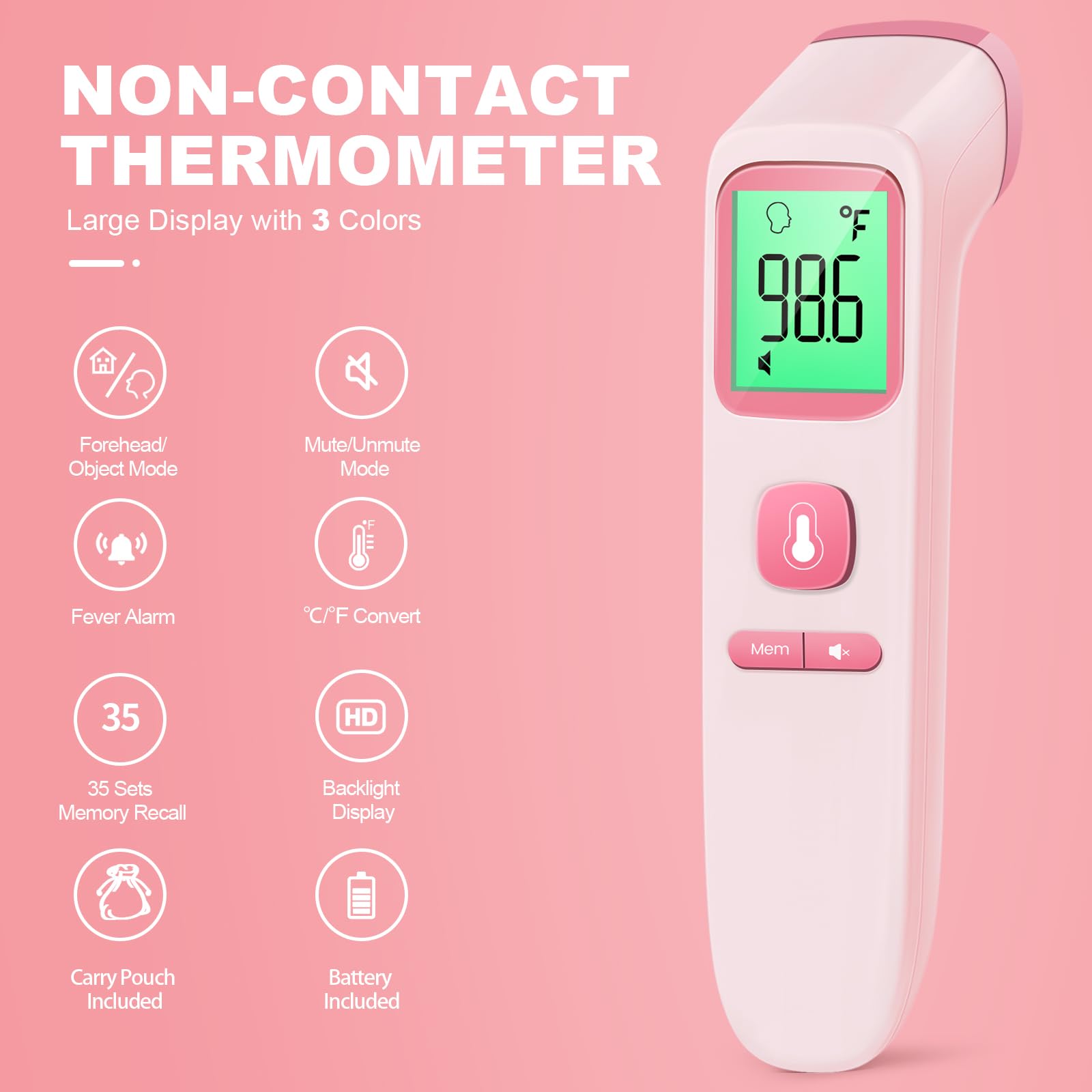 No-Touch Thermometer for Adults and Kids, Accurate Digital Baby Thermometer, Fever Alarm & Silent Mode, 2 in 1 Forehead & Object Mode