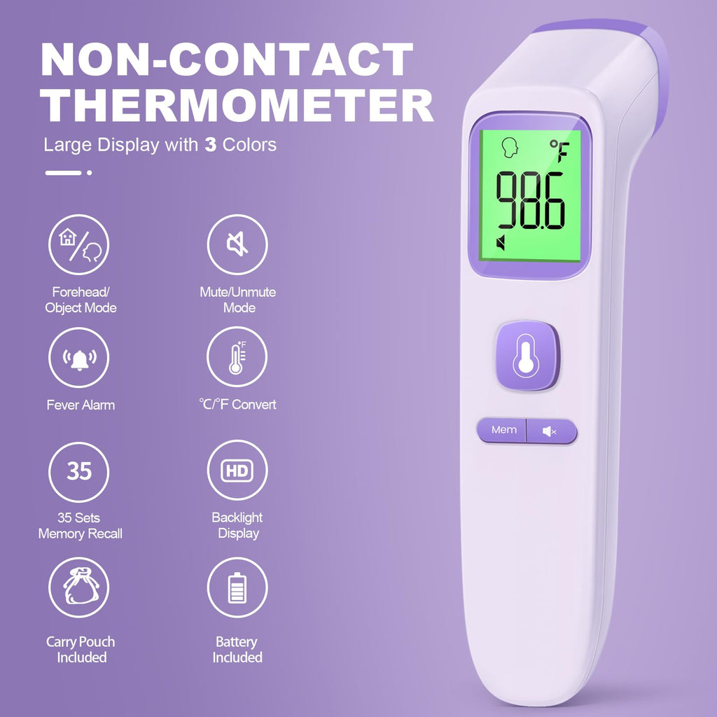 No-Touch Thermometer for Adults and Kids, Accurate Digital Baby Thermometer, Fever Alarm & Silent Mode, 2 in 1 Forehead & Object Mode