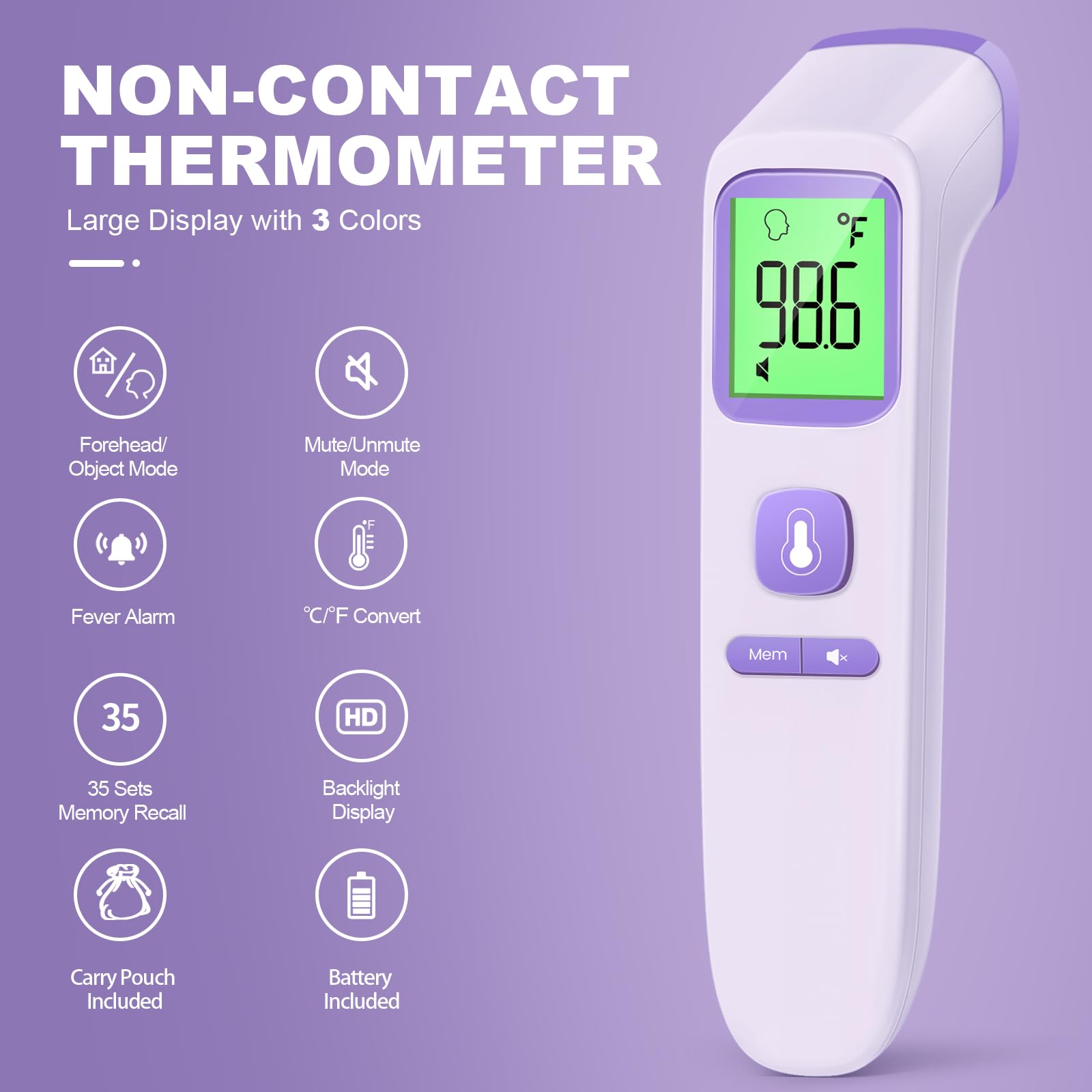 No-Touch Thermometer for Adults and Kids, Accurate Digital Baby Thermometer, Fever Alarm & Silent Mode, 2 in 1 Forehead & Object Mode