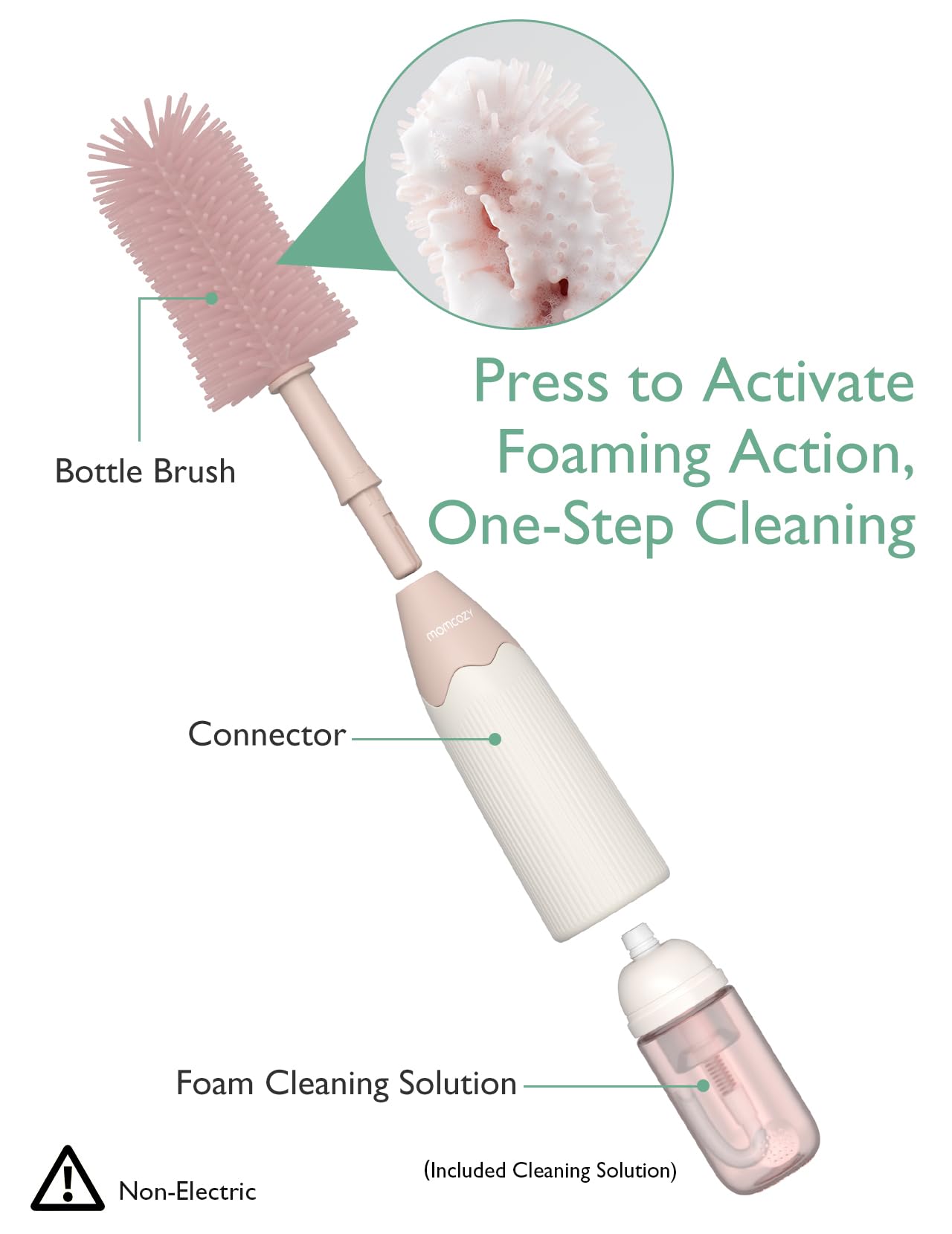 Momcozy Bottle Brush Kit with Push-Press Foam Design - Newborn Essentials Gift, Portable Cleaning Tool for Home & Travel, Baby Bottle Cleaner Brush for Breast Pumps & Nipples, Green
