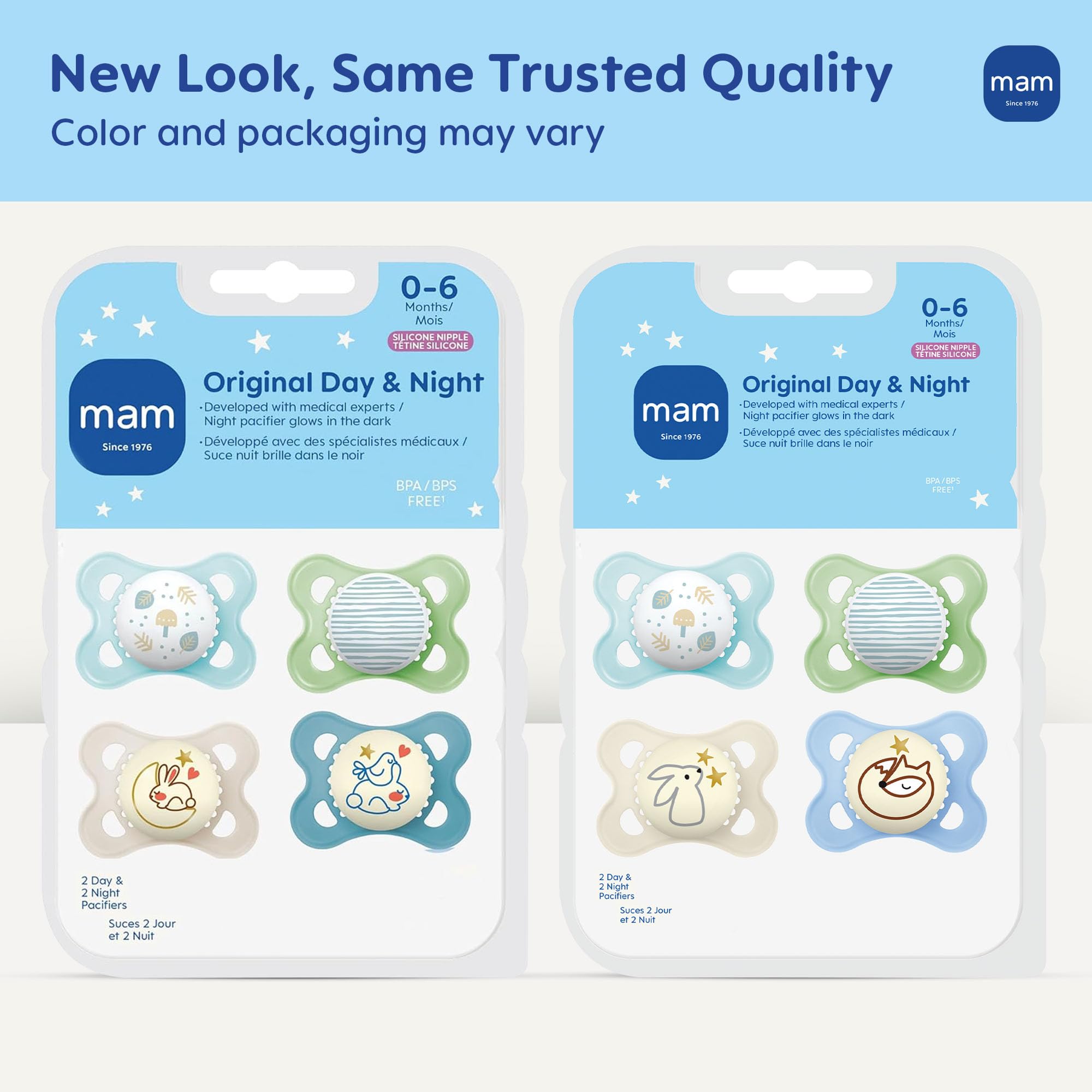 MAM Original Baby Pacifiers 0-6 Months, Binky for Newborn Babies, BPA-Free Skin Soft Silicone Nipple, Glows in The Dark, Developed with Medical Experts, 4 Pack, Made in Europe