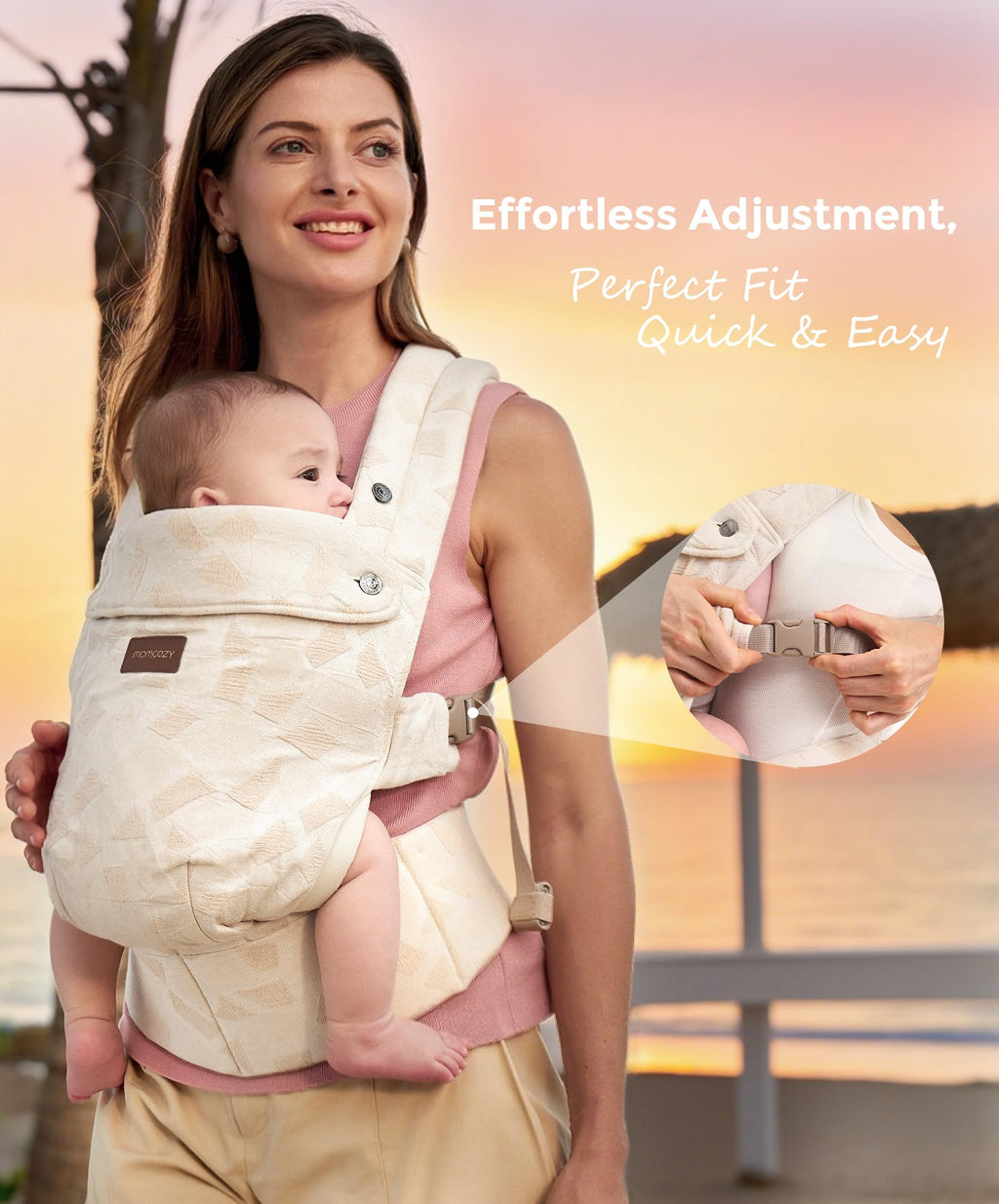 Momcozy Baby Carrier - Ergonomic, Cozy and Lightweight Carrier for 7-45lbs, Effortless to Put On, Ideal for Hands-Free Parenting, Enhanced Lumbar Support, Purehug for Infant to Toddler, Khaki