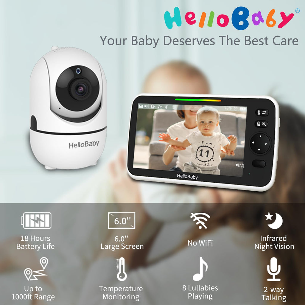 HelloBaby No WiFi Baby Monitor 5" Screen 30-Hour Battery Pan-Tilt-Zoom Video Upgrade with Camera and Audio, Night Vision, VOX, 2-Way Talk, 8 Lullabies and 1000ft Range, HB6550