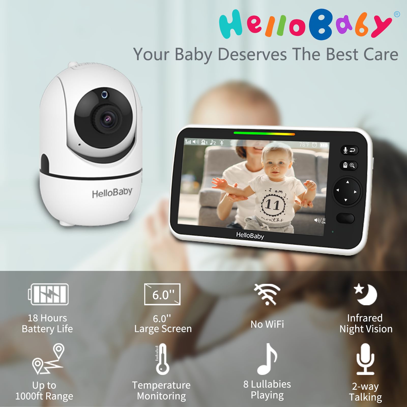 HelloBaby No WiFi Baby Monitor 5" Screen 30-Hour Battery Pan-Tilt-Zoom Video Upgrade with Camera and Audio, Night Vision, VOX, 2-Way Talk, 8 Lullabies and 1000ft Range, HB6550
