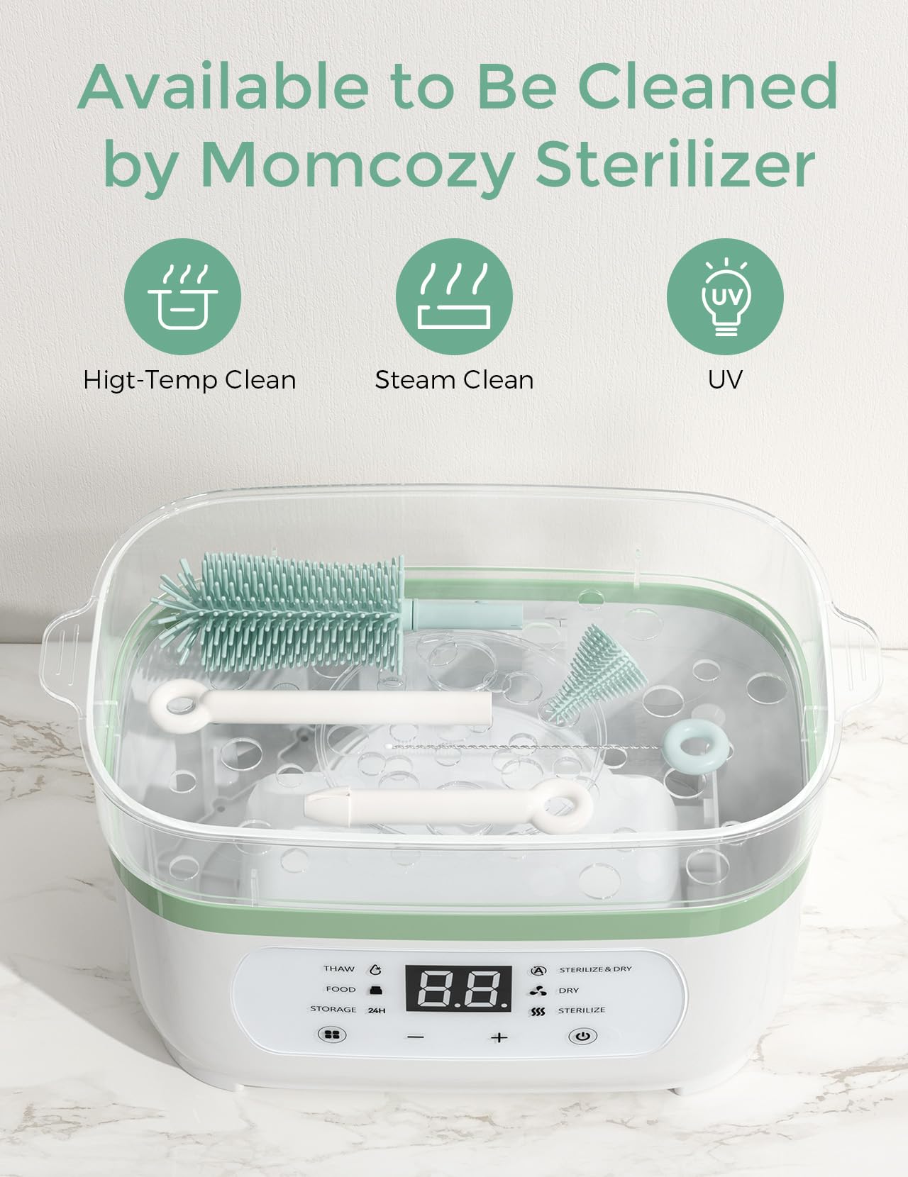 Momcozy Bottle Brush Kit with Push-Press Foam Design - Newborn Essentials Gift, Portable Cleaning Tool for Home & Travel, Baby Bottle Cleaner Brush for Breast Pumps & Nipples, Green