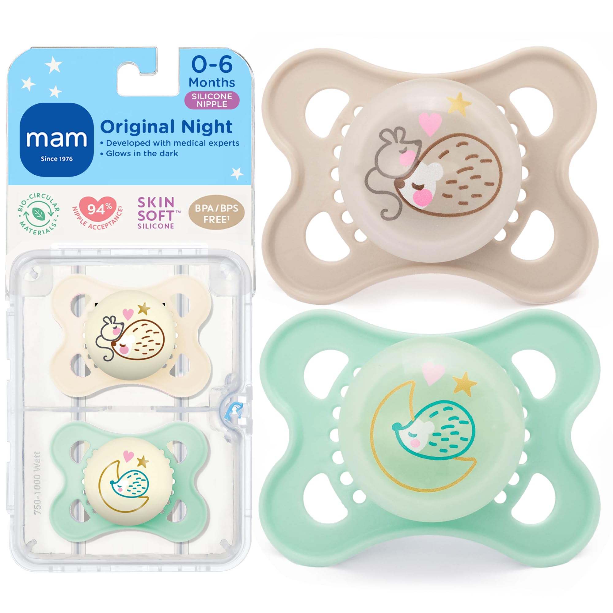 MAM Original Baby Pacifiers 0-6 Months, Binky for Newborn Babies, BPA-Free Skin Soft Silicone Nipple, Glows in The Dark, Developed with Medical Experts, 4 Pack, Made in Europe