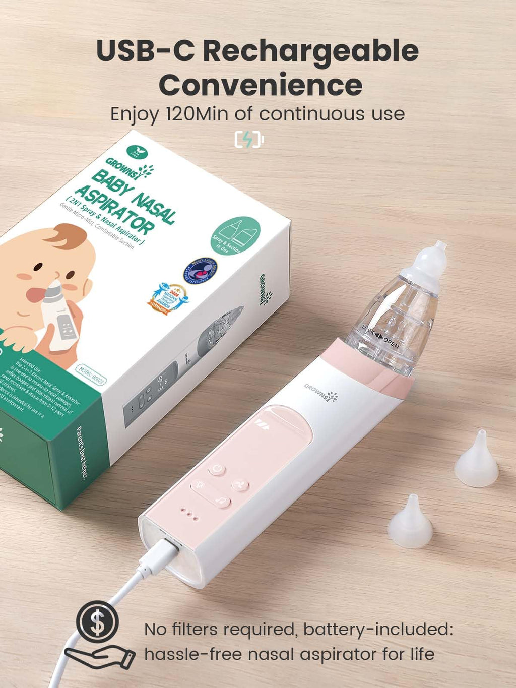 GROWNSY Nasal Aspirator for Baby, Electric Baby Nose Sucker with Larger Suction Chamber and More Powerful Suction, Automatic Nose Cleaner with Music and Light Soothing Function