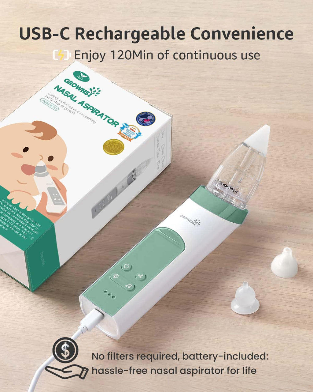 GROWNSY Nasal Aspirator for Baby, Electric Baby Nose Sucker with Larger Suction Chamber and More Powerful Suction, Automatic Nose Cleaner with Music and Light Soothing Function