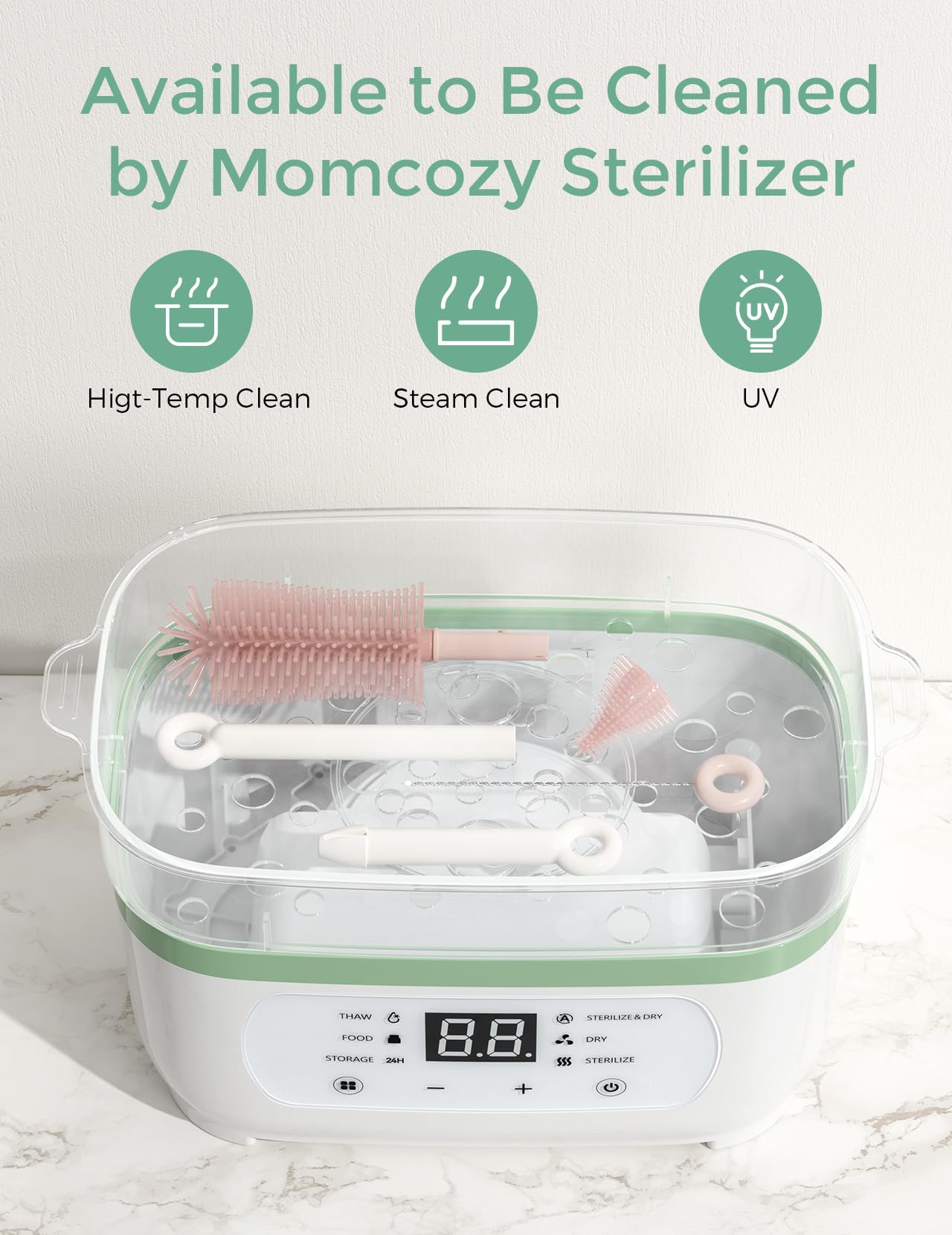 Momcozy Bottle Brush Kit with Push-Press Foam Design - Newborn Essentials Gift, Portable Cleaning Tool for Home & Travel, Baby Bottle Cleaner Brush for Breast Pumps & Nipples, Green