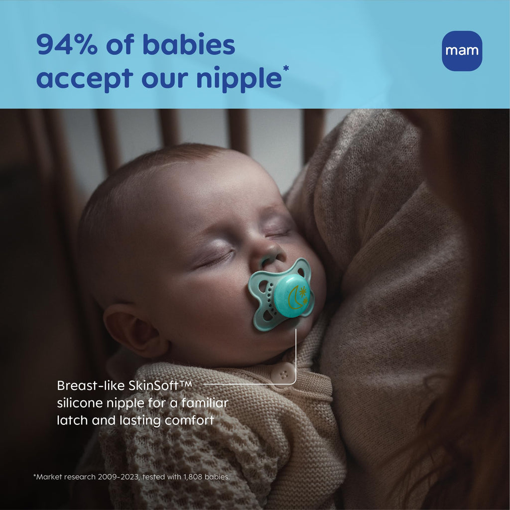 MAM Original Baby Pacifiers 0-6 Months, Binky for Newborn Babies, BPA-Free Skin Soft Silicone Nipple, Glows in The Dark, Developed with Medical Experts, 4 Pack, Made in Europe