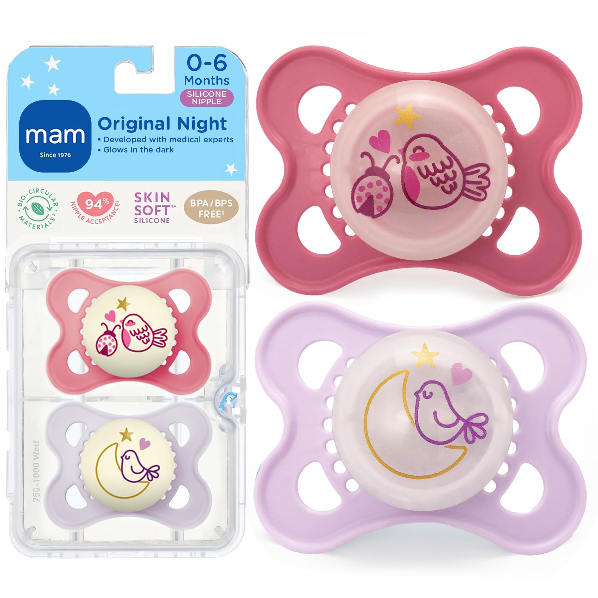 MAM Original Baby Pacifiers 0-6 Months, Binky for Newborn Babies, BPA-Free Skin Soft Silicone Nipple, Glows in The Dark, Developed with Medical Experts, 4 Pack, Made in Europe