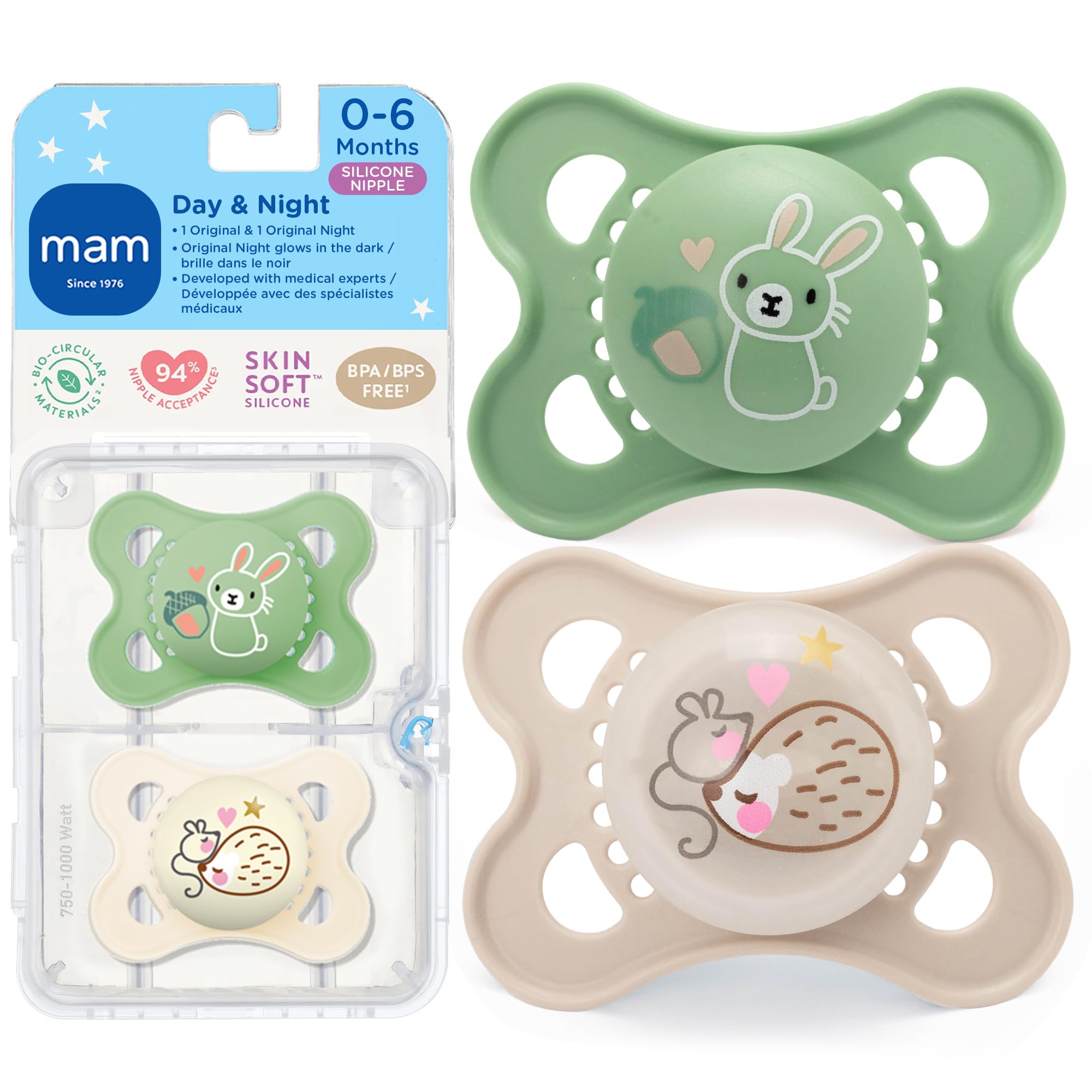 MAM Original Baby Pacifiers 0-6 Months, Binky for Newborn Babies, BPA-Free Skin Soft Silicone Nipple, Glows in The Dark, Developed with Medical Experts, 4 Pack, Made in Europe