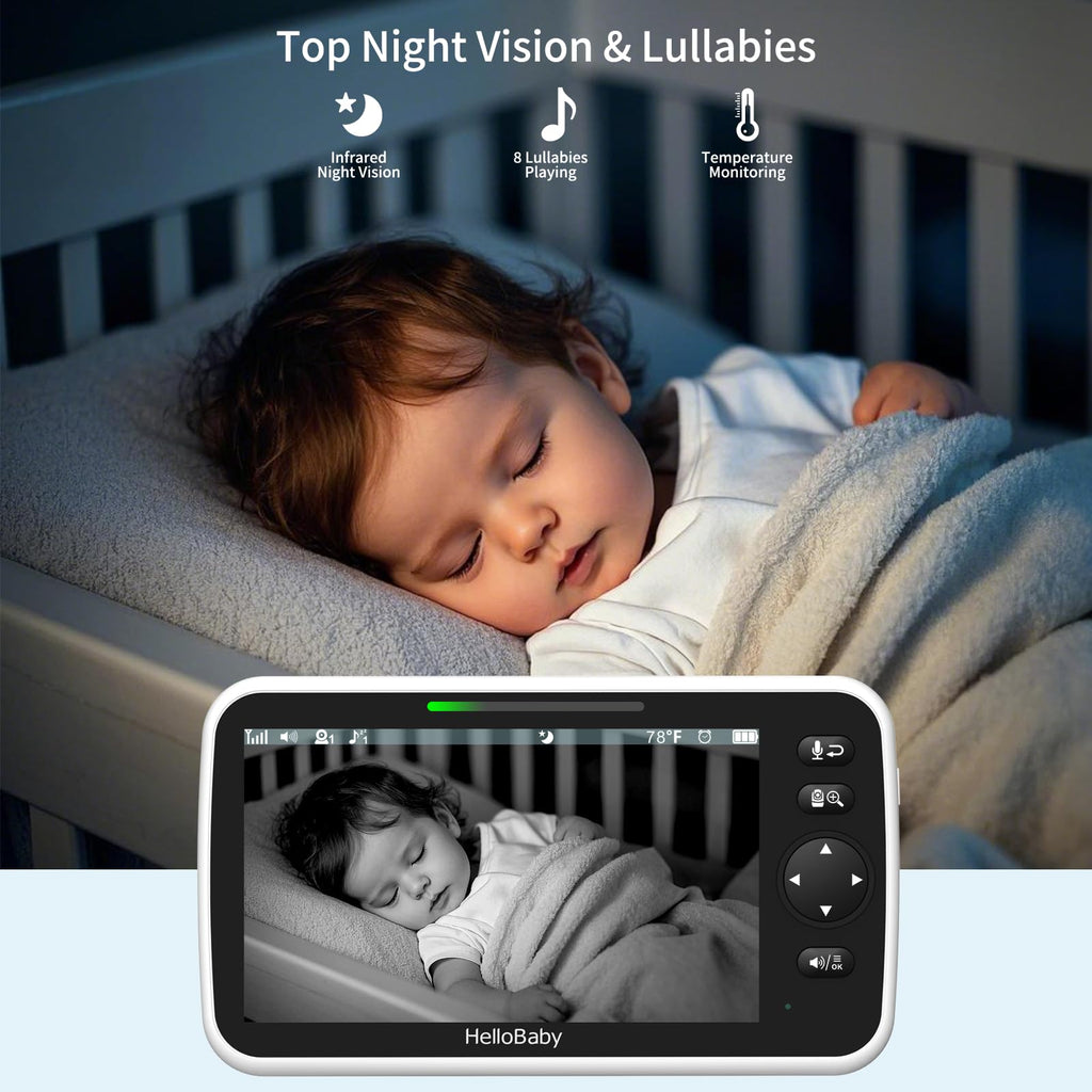 HelloBaby No WiFi Baby Monitor 5" Screen 30-Hour Battery Pan-Tilt-Zoom Video Upgrade with Camera and Audio, Night Vision, VOX, 2-Way Talk, 8 Lullabies and 1000ft Range, HB6550