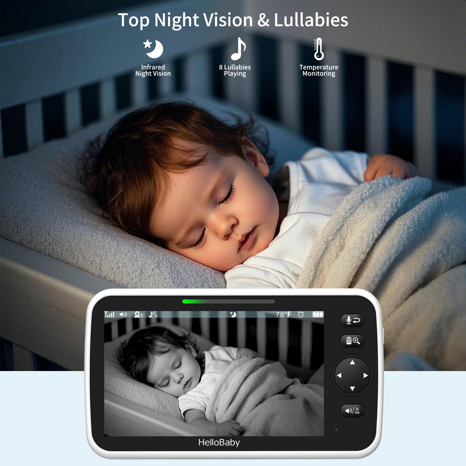 HelloBaby No WiFi Baby Monitor 5" Screen 30-Hour Battery Pan-Tilt-Zoom Video Upgrade with Camera and Audio, Night Vision, VOX, 2-Way Talk, 8 Lullabies and 1000ft Range, HB6550