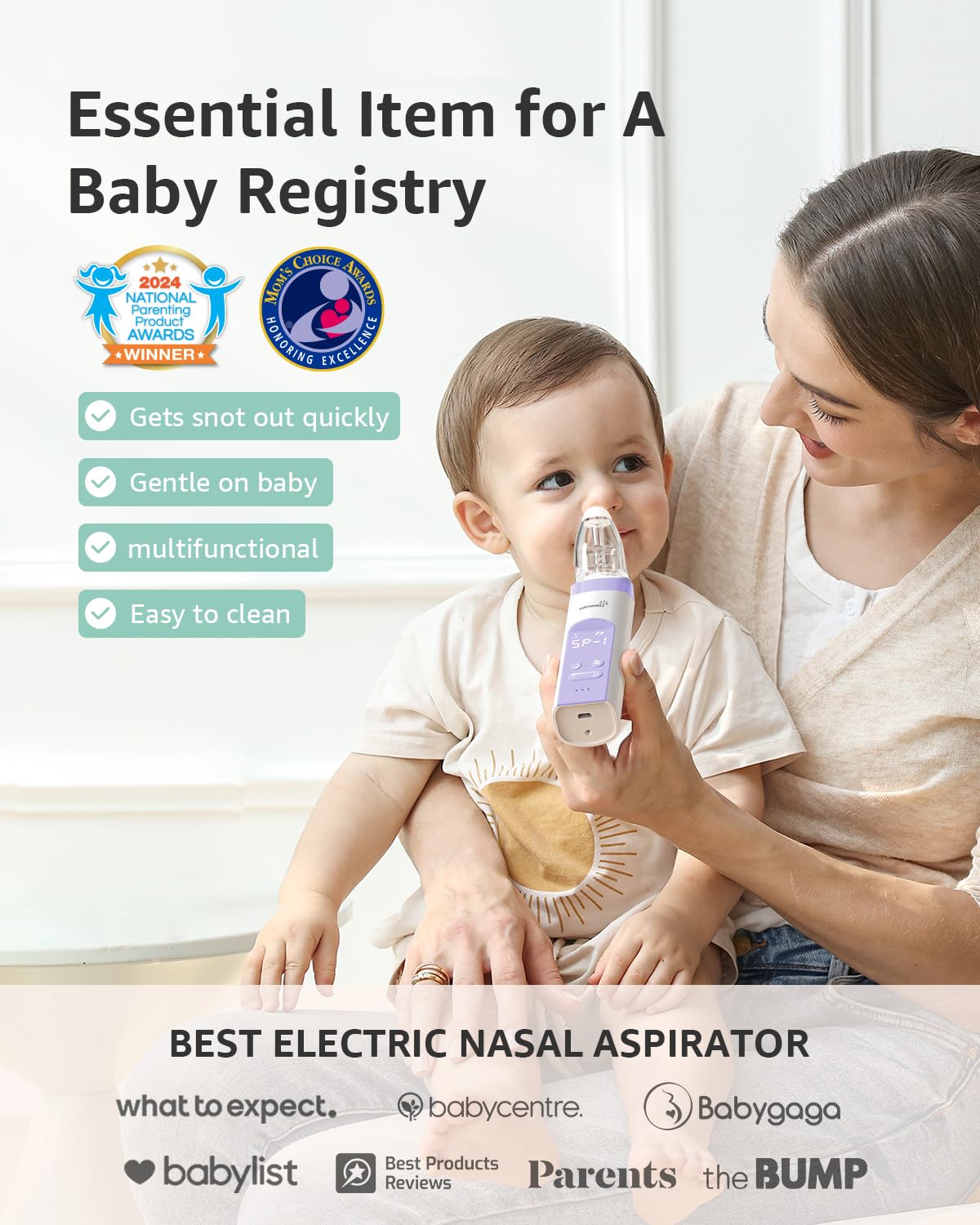 GROWNSY Nasal Aspirator for Baby, Electric Baby Nose Sucker with Larger Suction Chamber and More Powerful Suction, Automatic Nose Cleaner with Music and Light Soothing Function