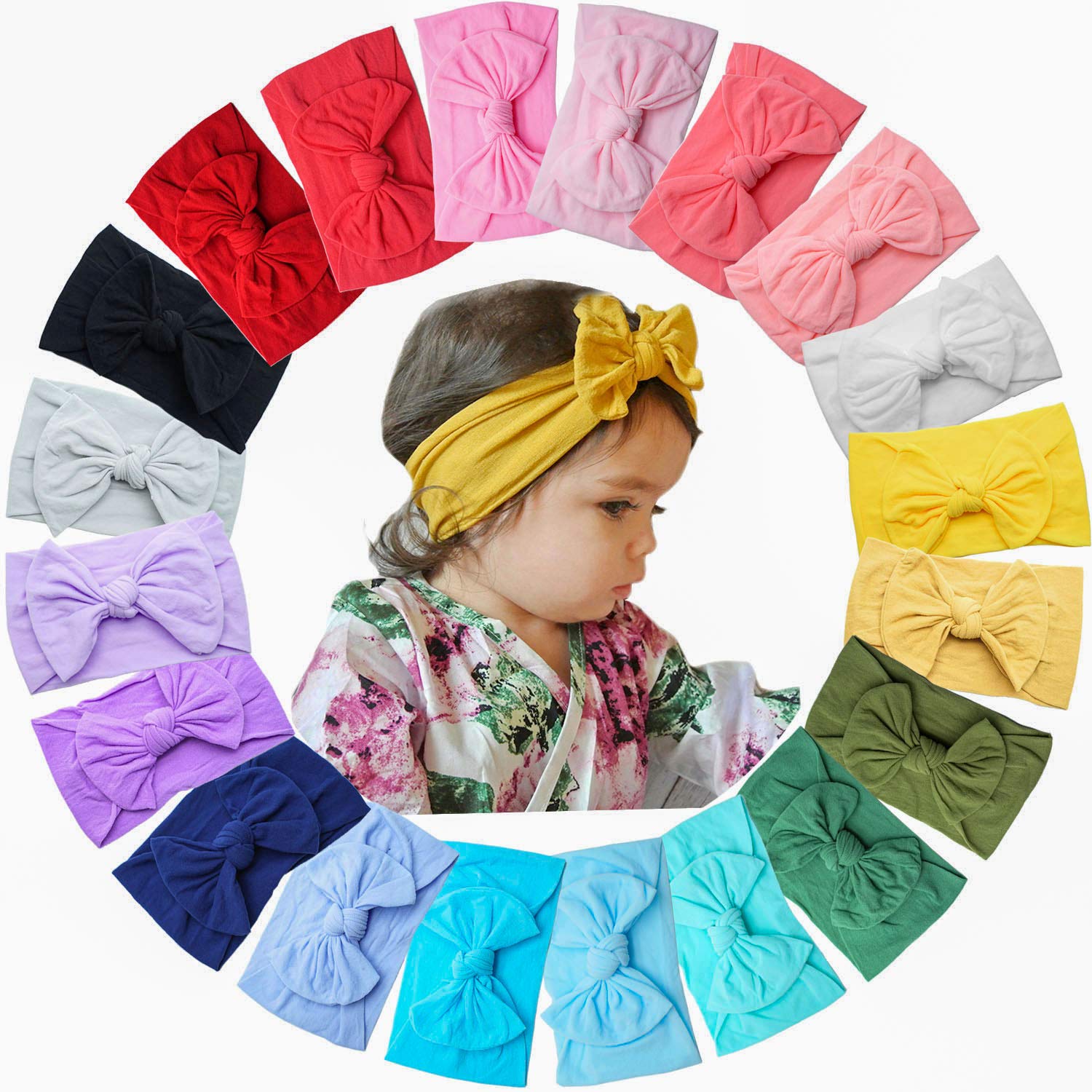 CÉLLOT 10 Colors Super Stretchy Soft Knot Baby Girl Headbands with Hair Bows Nylon Head Wrap For Newborn Baby Girls Infants Toddlers Kids