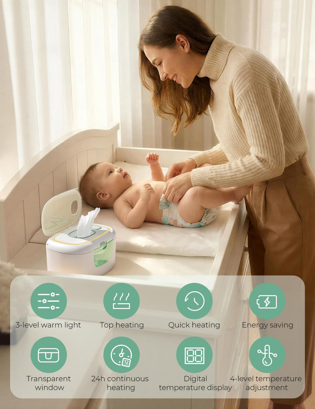 Momcozy Baby Wipe Warmer, Innovative Spring Design, Large Capacity Wipes Dispenser, Fast and Even Heating, 4 Modes of Temperature Heating Control, Diaper Wipe Warmer with Night Light