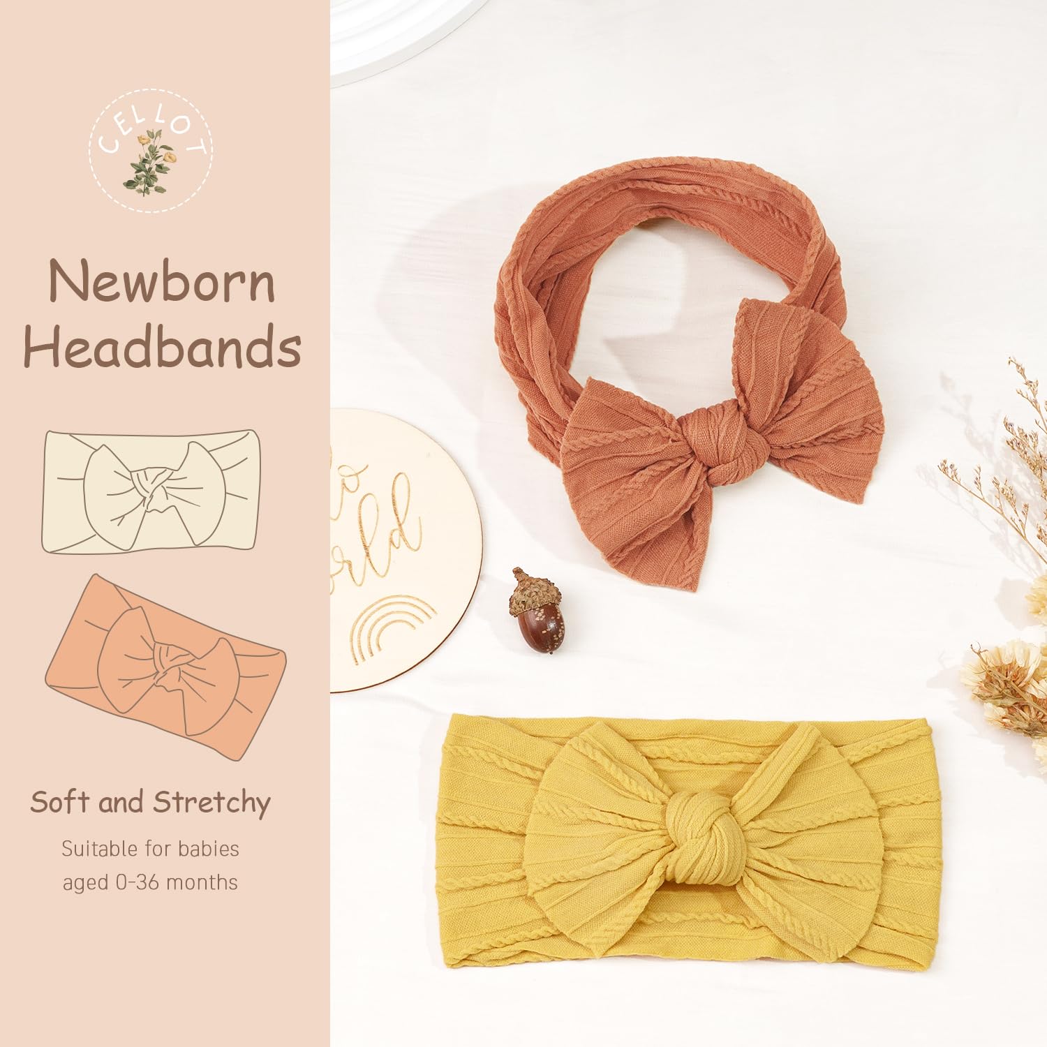CÉLLOT 10 Colors Super Stretchy Soft Knot Baby Girl Headbands with Hair Bows Nylon Head Wrap For Newborn Baby Girls Infants Toddlers Kids