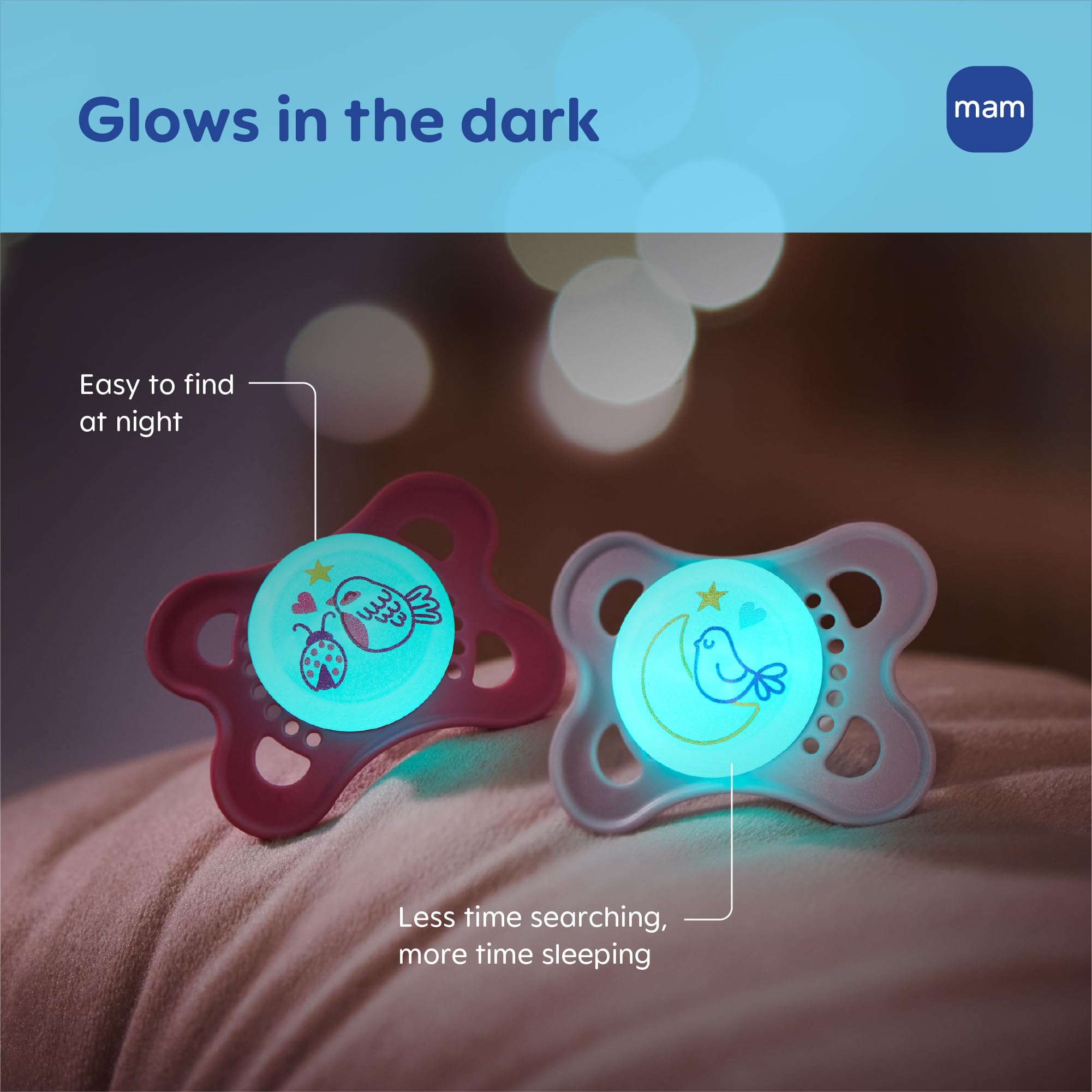 MAM Original Baby Pacifiers 0-6 Months, Binky for Newborn Babies, BPA-Free Skin Soft Silicone Nipple, Glows in The Dark, Developed with Medical Experts, 4 Pack, Made in Europe