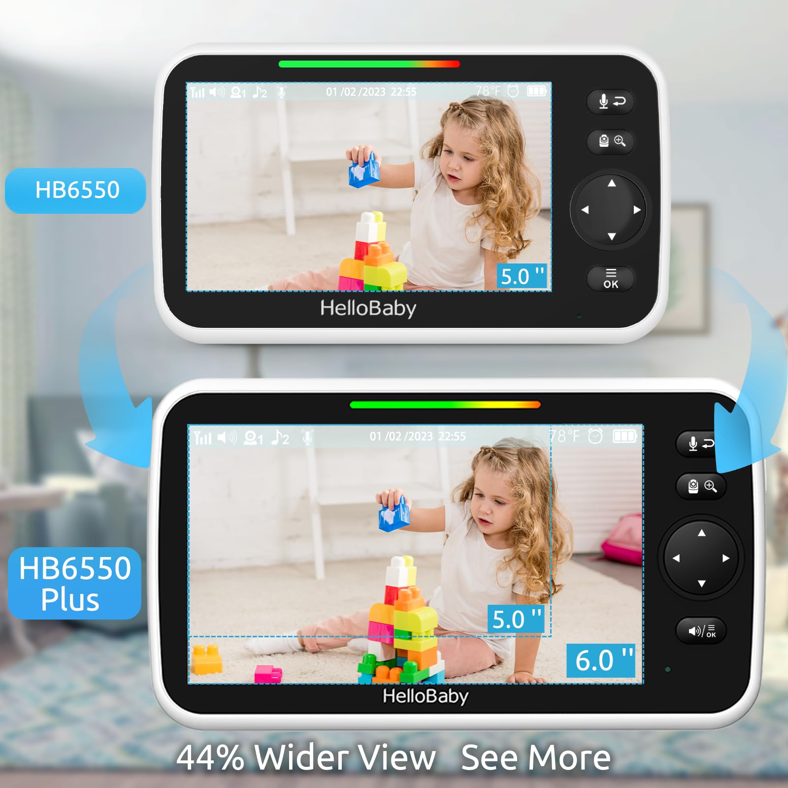HelloBaby No WiFi Baby Monitor 5" Screen 30-Hour Battery Pan-Tilt-Zoom Video Upgrade with Camera and Audio, Night Vision, VOX, 2-Way Talk, 8 Lullabies and 1000ft Range, HB6550