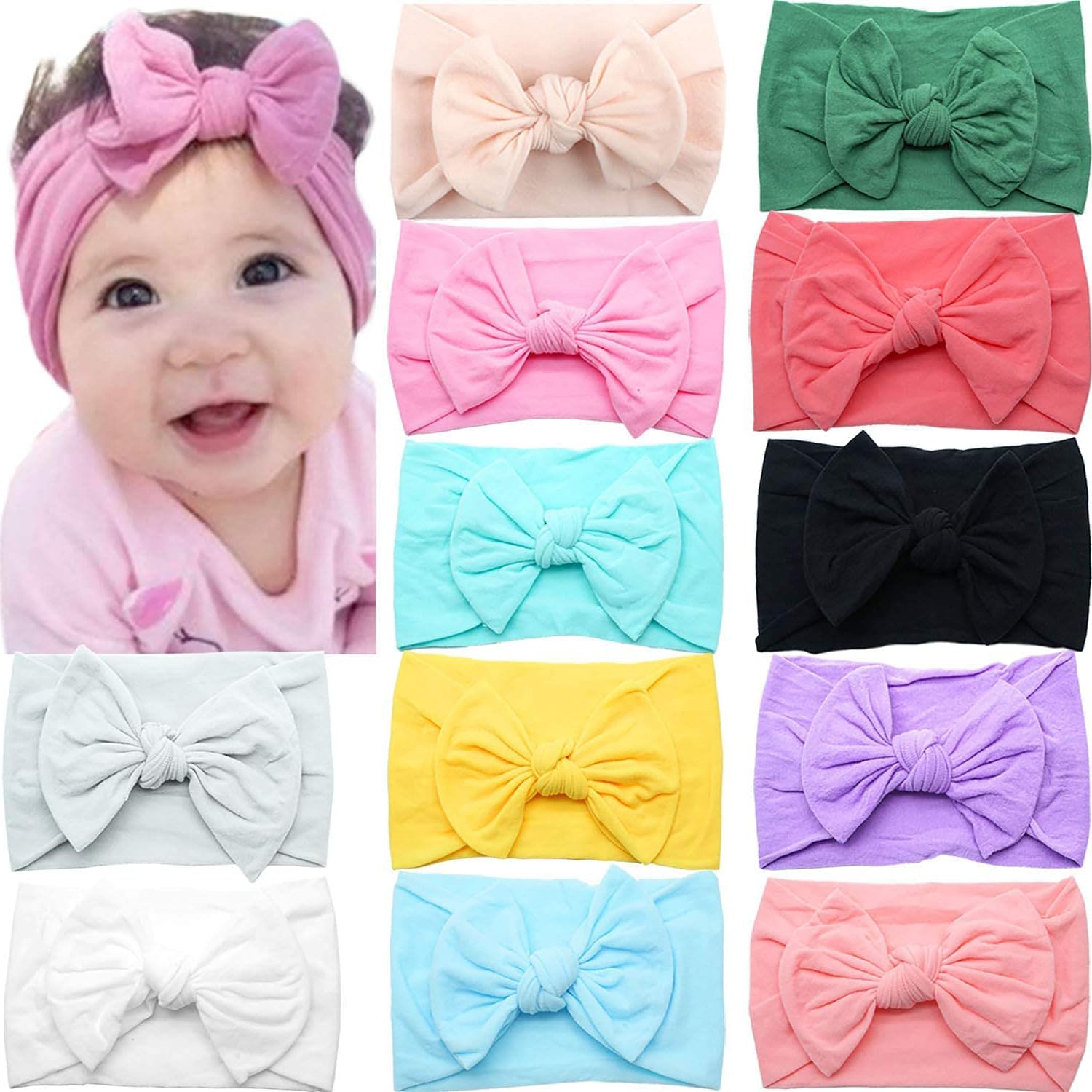 CÉLLOT 10 Colors Super Stretchy Soft Knot Baby Girl Headbands with Hair Bows Nylon Head Wrap For Newborn Baby Girls Infants Toddlers Kids