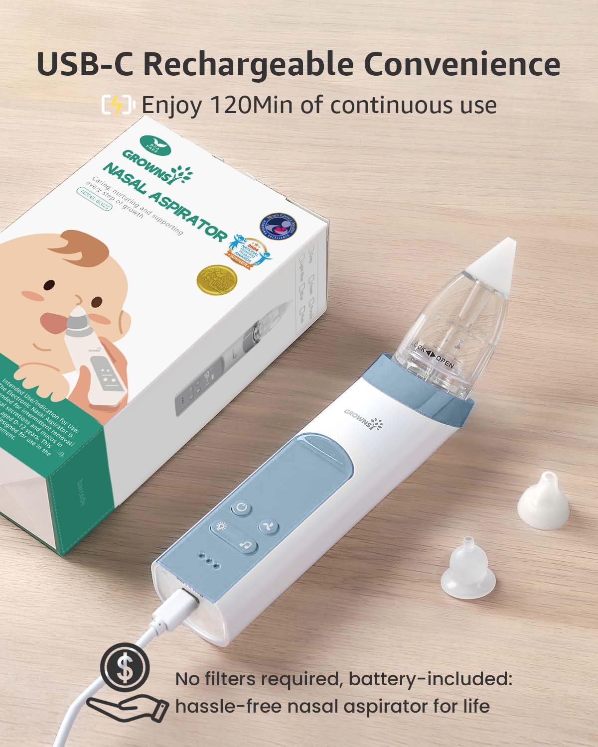 GROWNSY Nasal Aspirator for Baby, Electric Baby Nose Sucker with Larger Suction Chamber and More Powerful Suction, Automatic Nose Cleaner with Music and Light Soothing Function