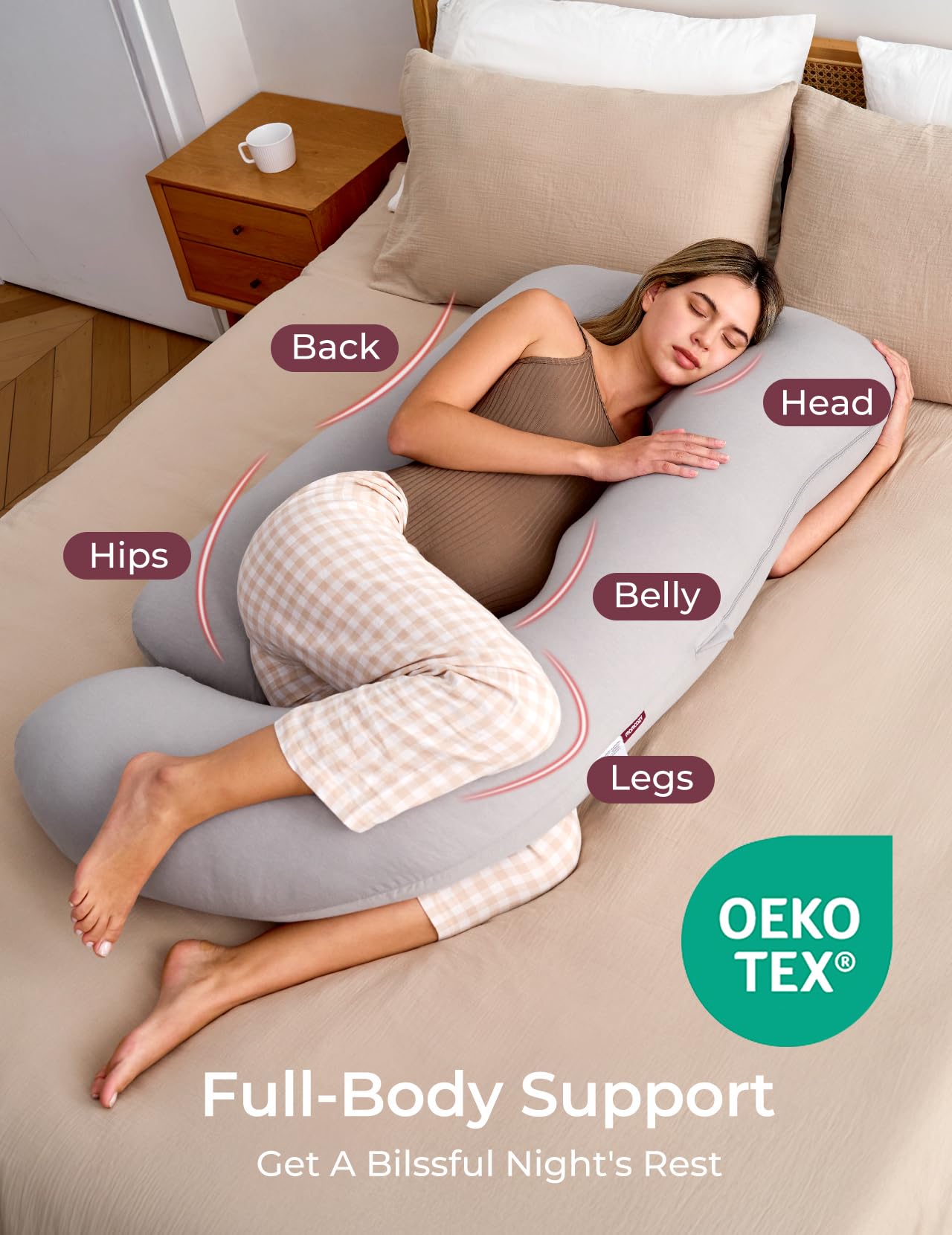 Momcozy Pregnancy Pillows for Sleeping, U Shaped Full Body Maternity Pillow with Removable Cover - Support for Back, Legs, Belly, HIPS for Pregnant Women, 57 Inch Pregnancy Pillow for Women, Grey