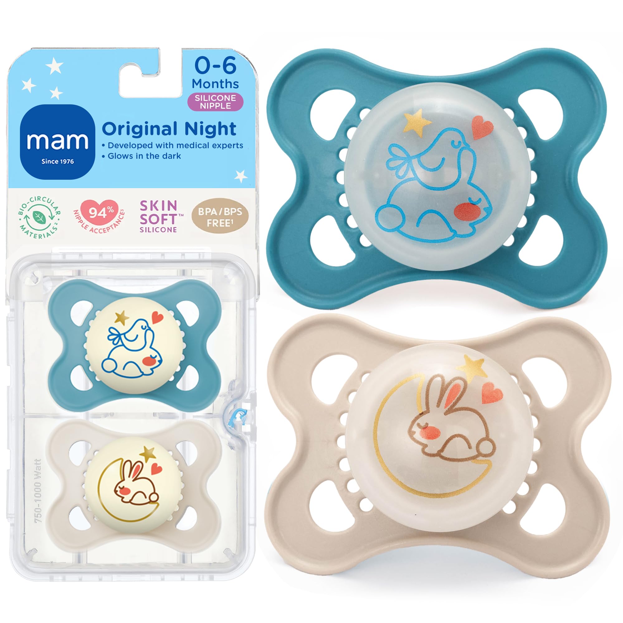 MAM Original Baby Pacifiers 0-6 Months, Binky for Newborn Babies, BPA-Free Skin Soft Silicone Nipple, Glows in The Dark, Developed with Medical Experts, 4 Pack, Made in Europe