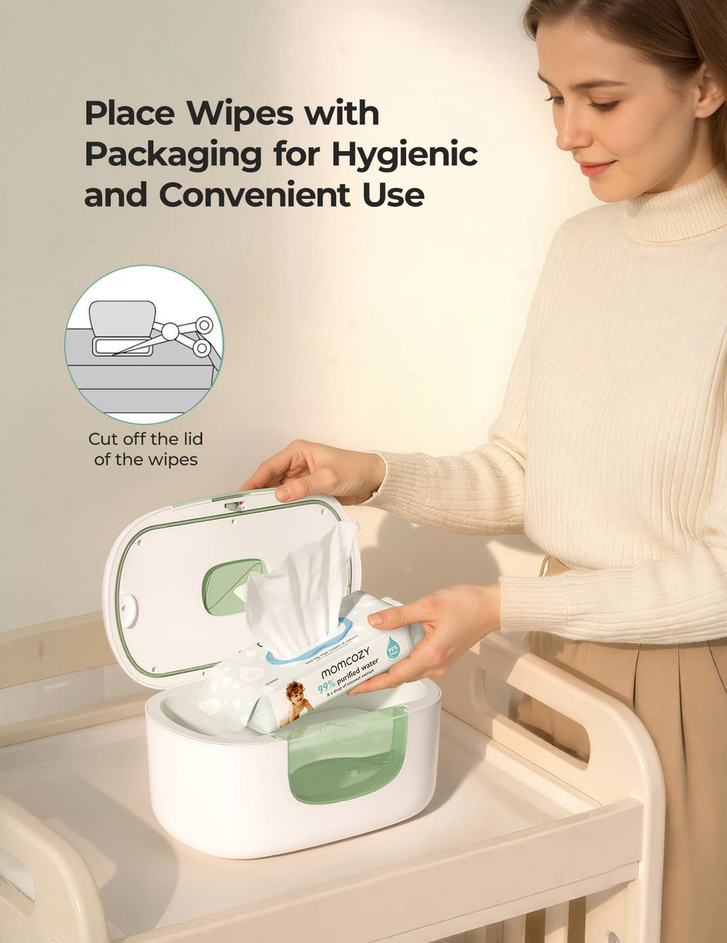 Momcozy Baby Wipe Warmer, Innovative Spring Design, Large Capacity Wipes Dispenser, Fast and Even Heating, 4 Modes of Temperature Heating Control, Diaper Wipe Warmer with Night Light