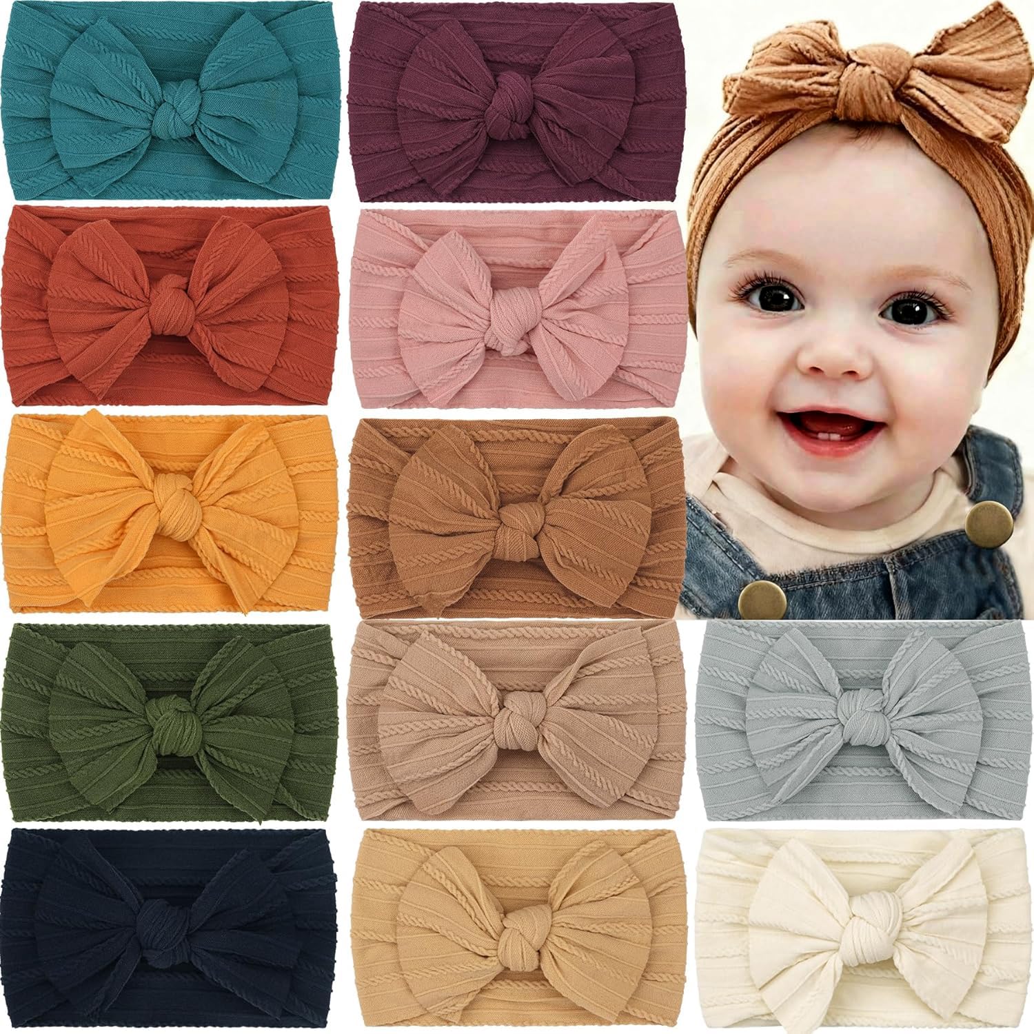 CÉLLOT 10 Colors Super Stretchy Soft Knot Baby Girl Headbands with Hair Bows Nylon Head Wrap For Newborn Baby Girls Infants Toddlers Kids