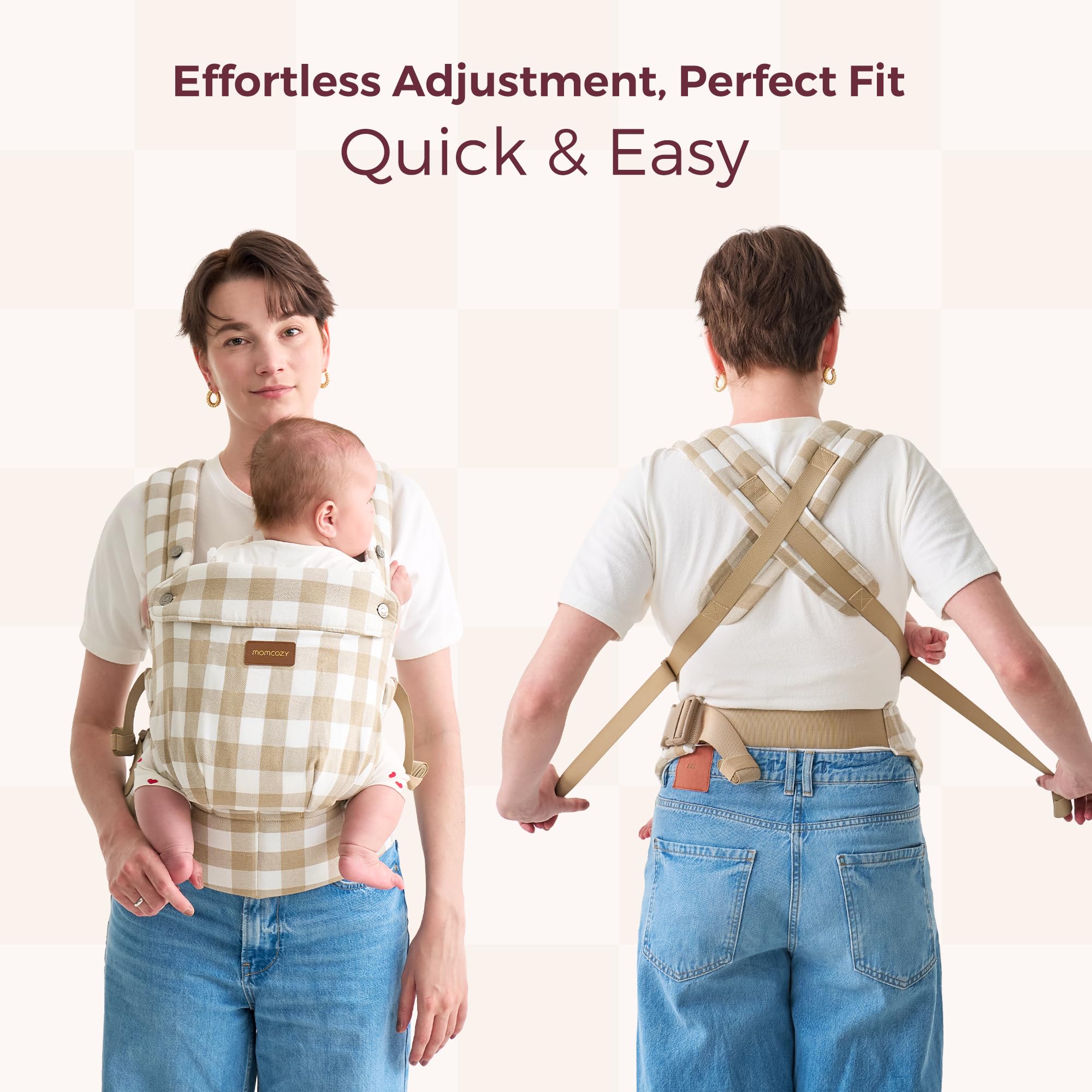Momcozy Baby Carrier - Ergonomic, Cozy and Lightweight Carrier for 7-45lbs, Effortless to Put On, Ideal for Hands-Free Parenting, Enhanced Lumbar Support, Purehug for Infant to Toddler, Khaki