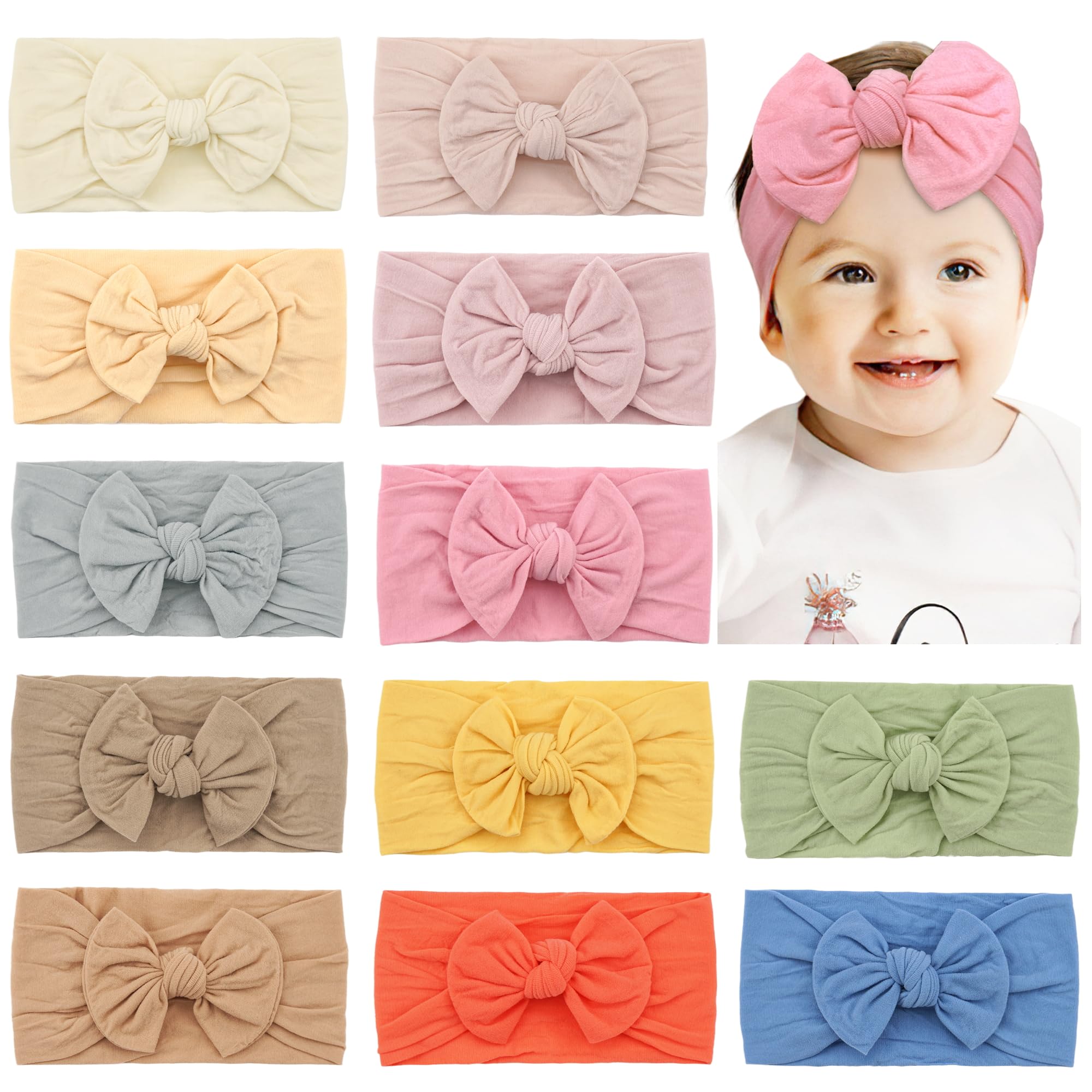 CÉLLOT 10 Colors Super Stretchy Soft Knot Baby Girl Headbands with Hair Bows Nylon Head Wrap For Newborn Baby Girls Infants Toddlers Kids