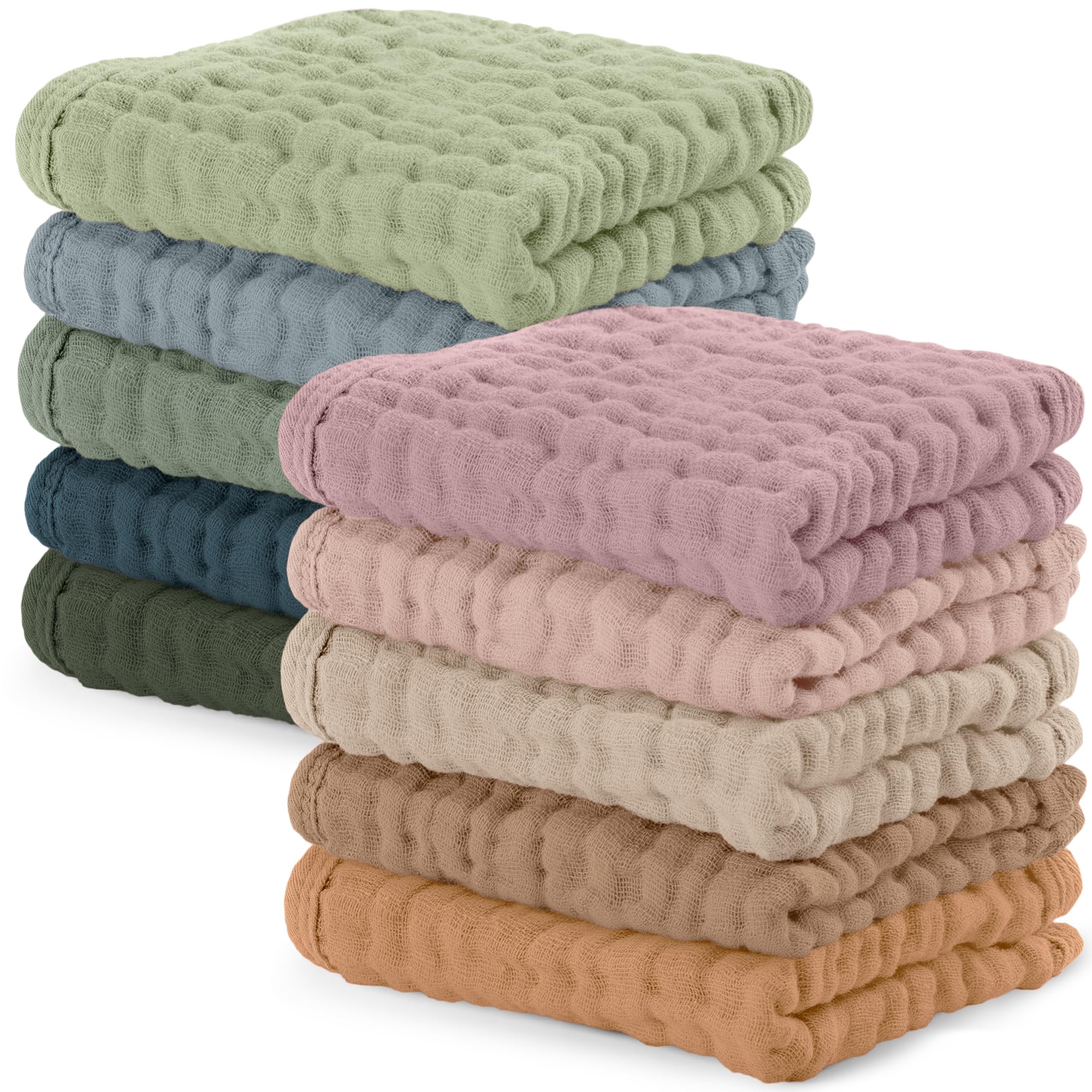 Comfy Cubs Muslin Burp Cloths 20" x 10", Pack of 10 - Large, 6-Layer, Ultra Absorbent 100% Cotton for Baby Drool and Messes - Soft, Safe & Gentle Baby Burp Cloths for Boys & Girls - Multi