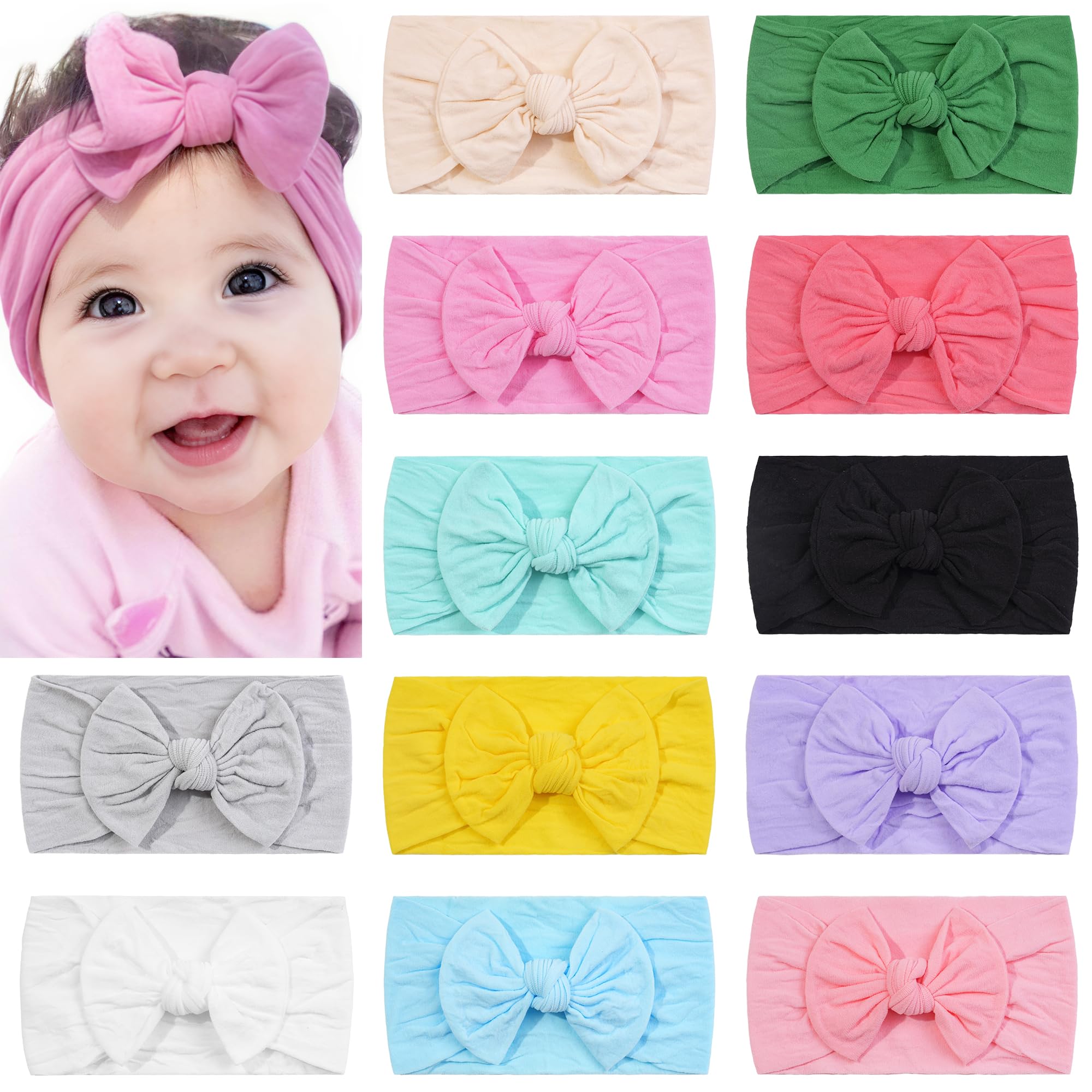 CÉLLOT 10 Colors Super Stretchy Soft Knot Baby Girl Headbands with Hair Bows Nylon Head Wrap For Newborn Baby Girls Infants Toddlers Kids