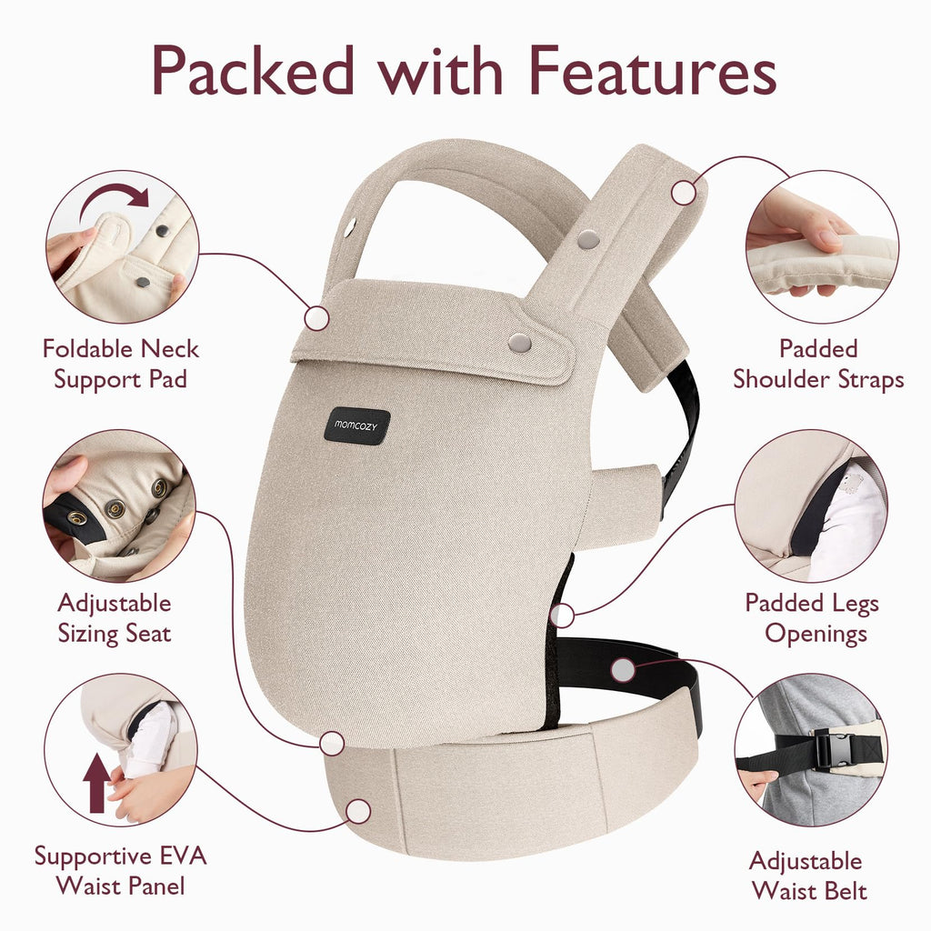 Momcozy Baby Carrier - Ergonomic, Cozy and Lightweight Carrier for 7-45lbs, Effortless to Put On, Ideal for Hands-Free Parenting, Enhanced Lumbar Support, Purehug for Infant to Toddler, Khaki