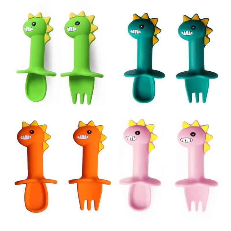 Baby Feeding Spoon & Fork Set — Soft Silicone Dinosaur Design