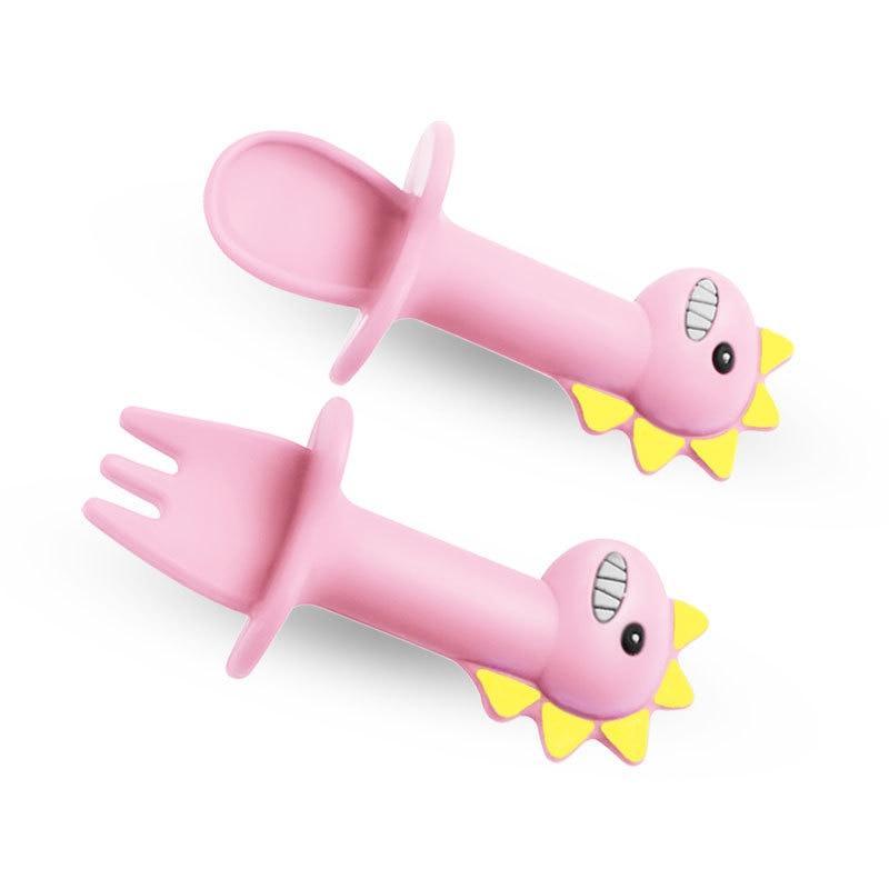 Baby Feeding Spoon & Fork Set — Soft Silicone Dinosaur Design