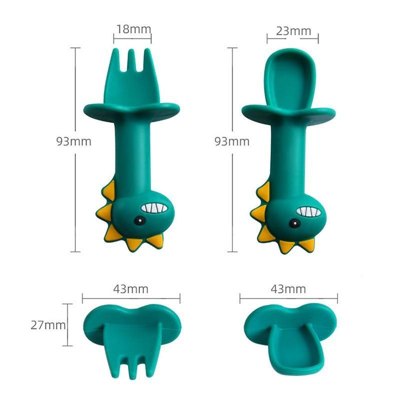 Baby Feeding Spoon & Fork Set — Soft Silicone Dinosaur Design