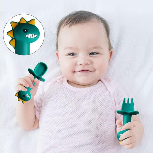 Baby Feeding Spoon & Fork Set — Soft Silicone Dinosaur Design