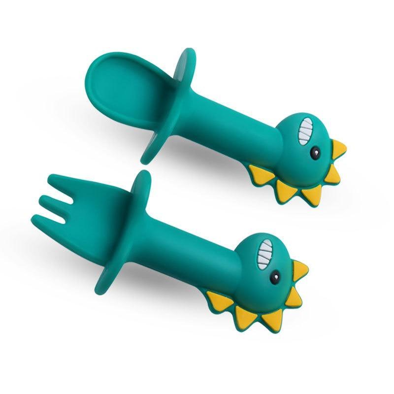 Baby Feeding Spoon & Fork Set — Soft Silicone Dinosaur Design